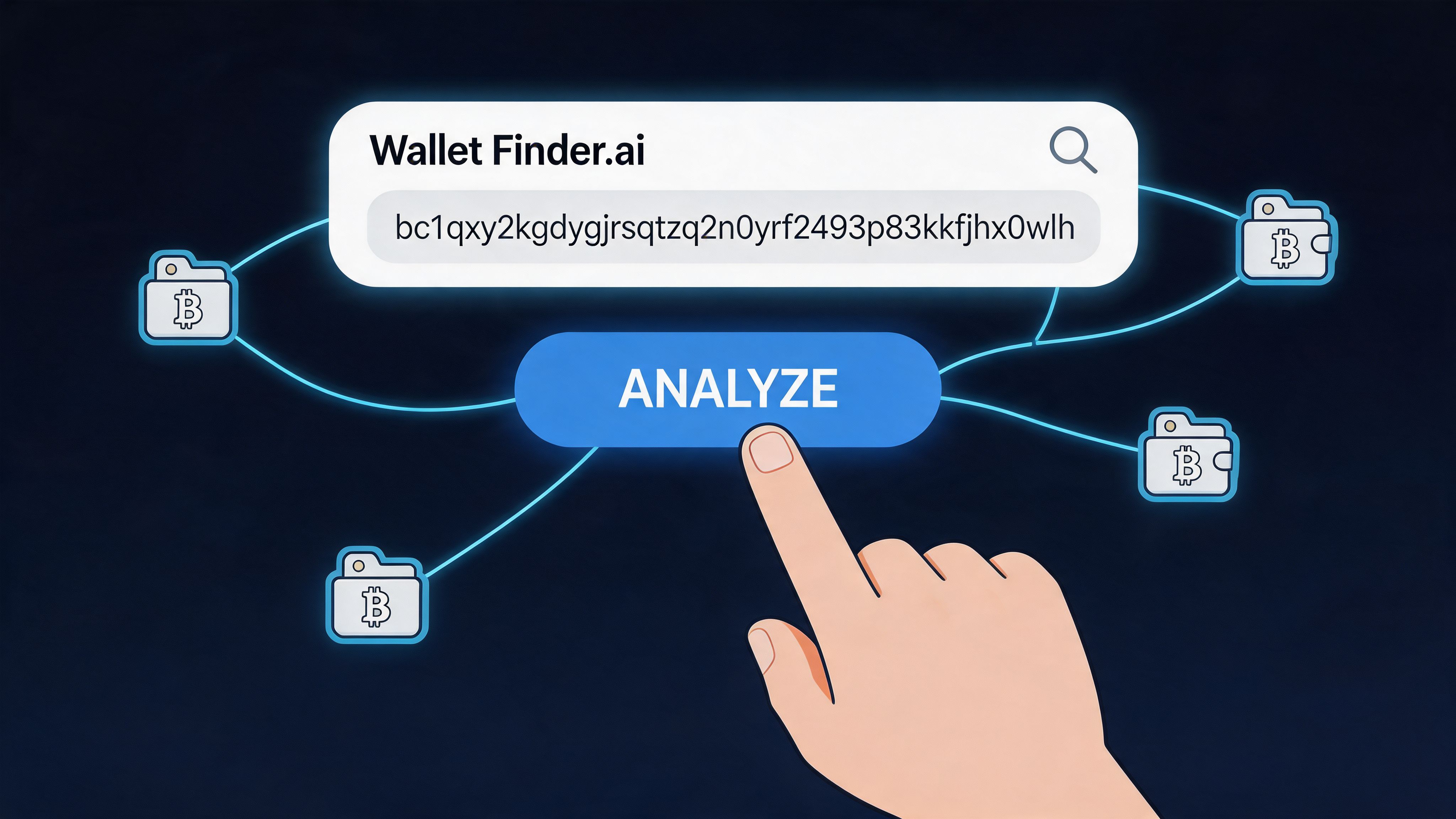 A digital illustration showing a hand clicking an analyze button for a Bitcoin wallet address search.