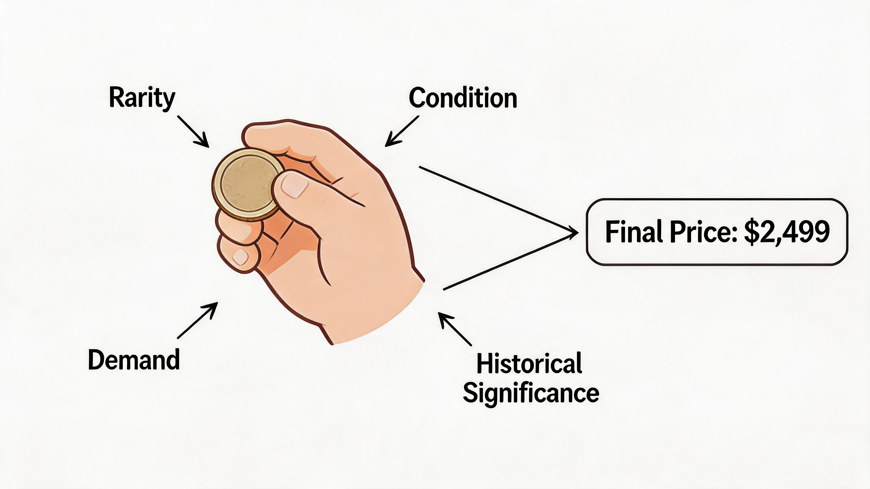 A hand holding a coin, illustrating factors like rarity and condition that determine its final value.