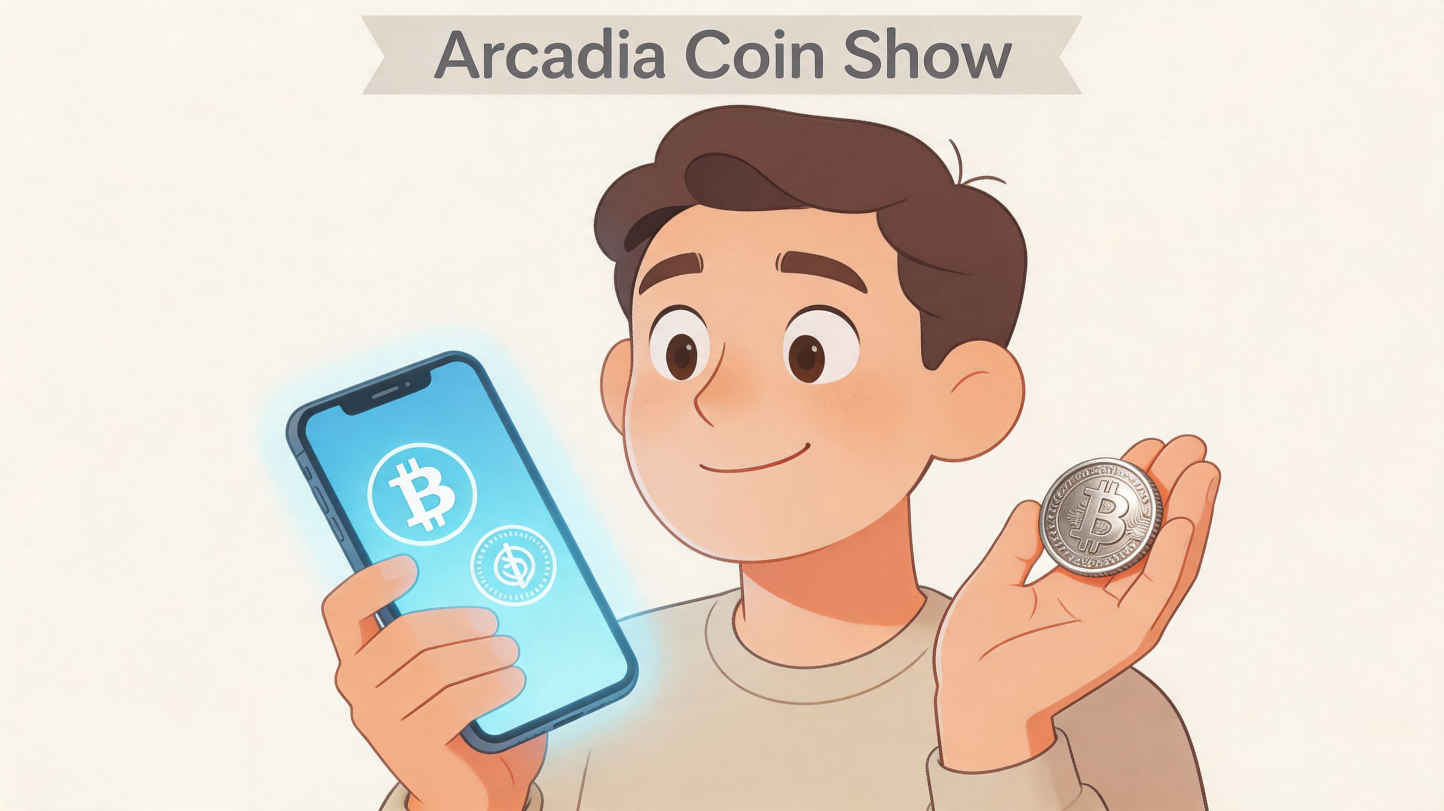 A young man holds a physical Bitcoin coin while looking at a digital Bitcoin logo on his phone.