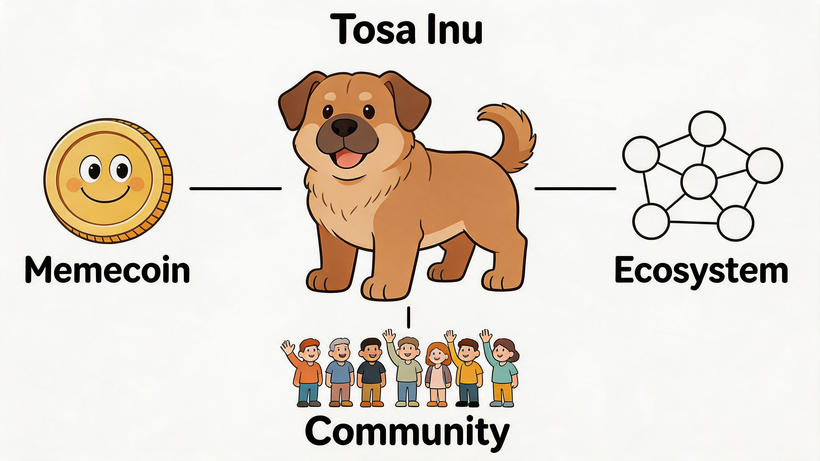 A diagram shows a Tosa Inu dog connected to a memecoin, an ecosystem network, and a community.