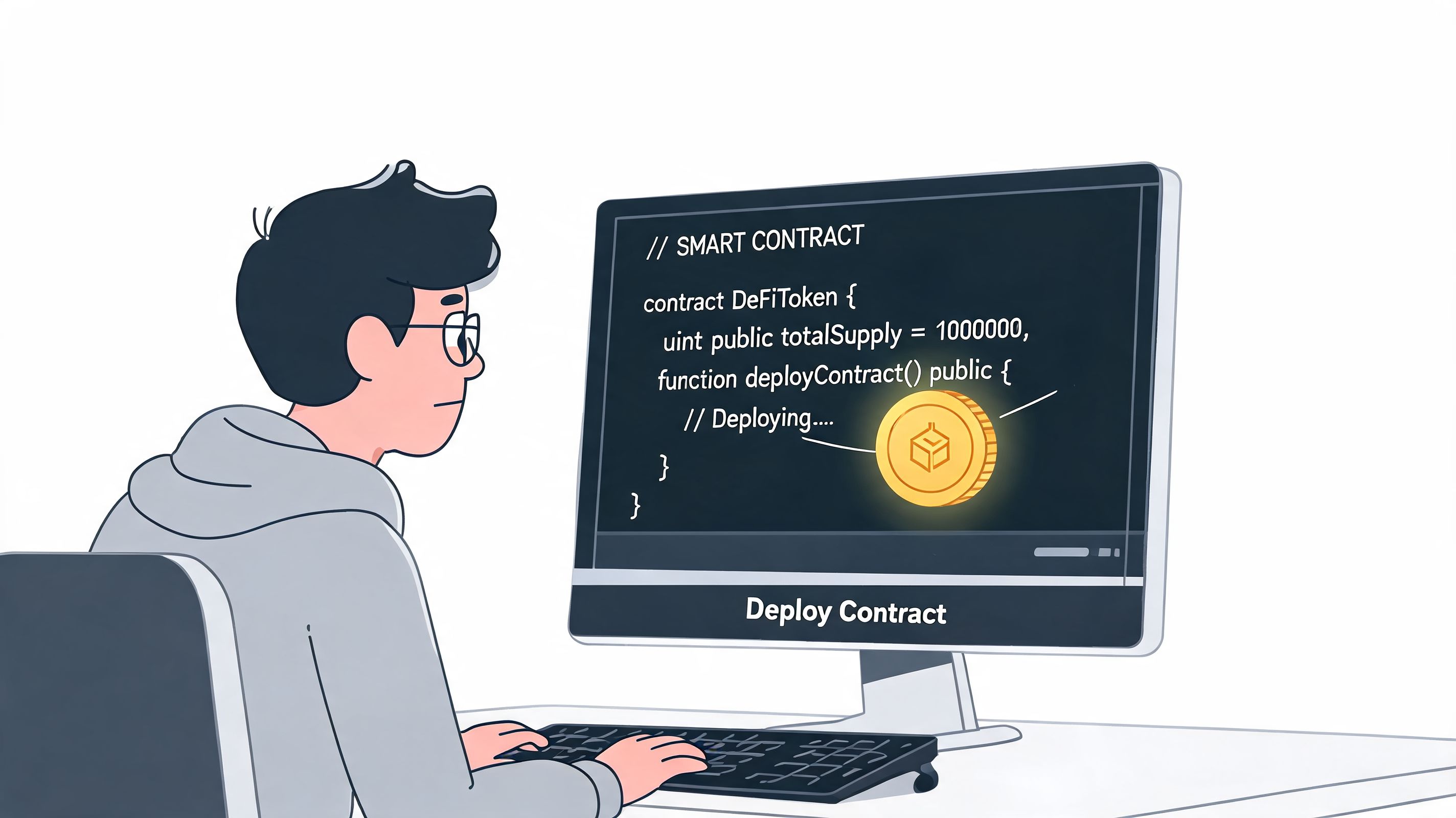A cartoon programmer coding a smart contract on a computer screen to make a new cryptocurrency token.
