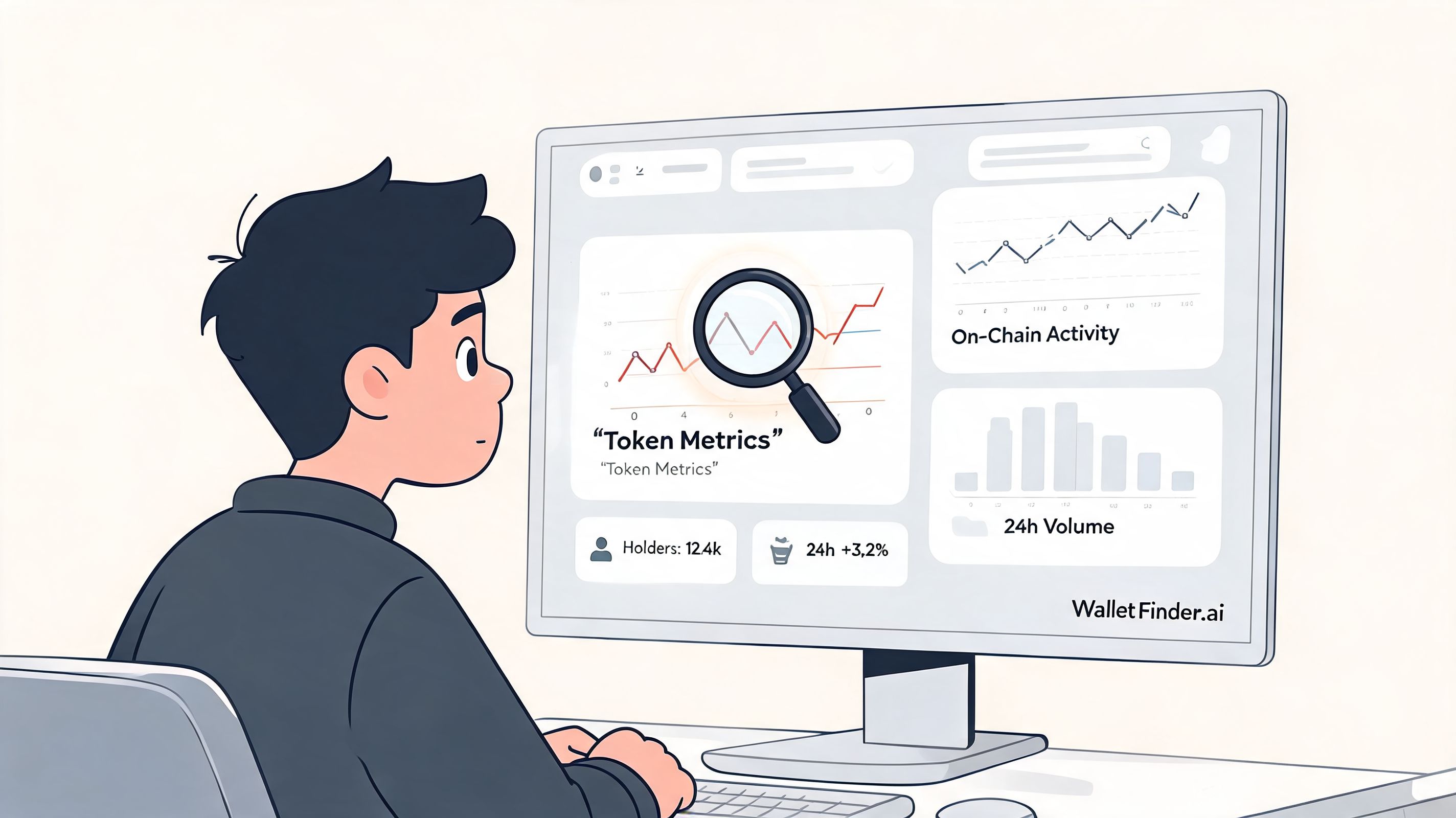 An illustration of a man analyzing token metrics and on-chain activity on a computer screen.