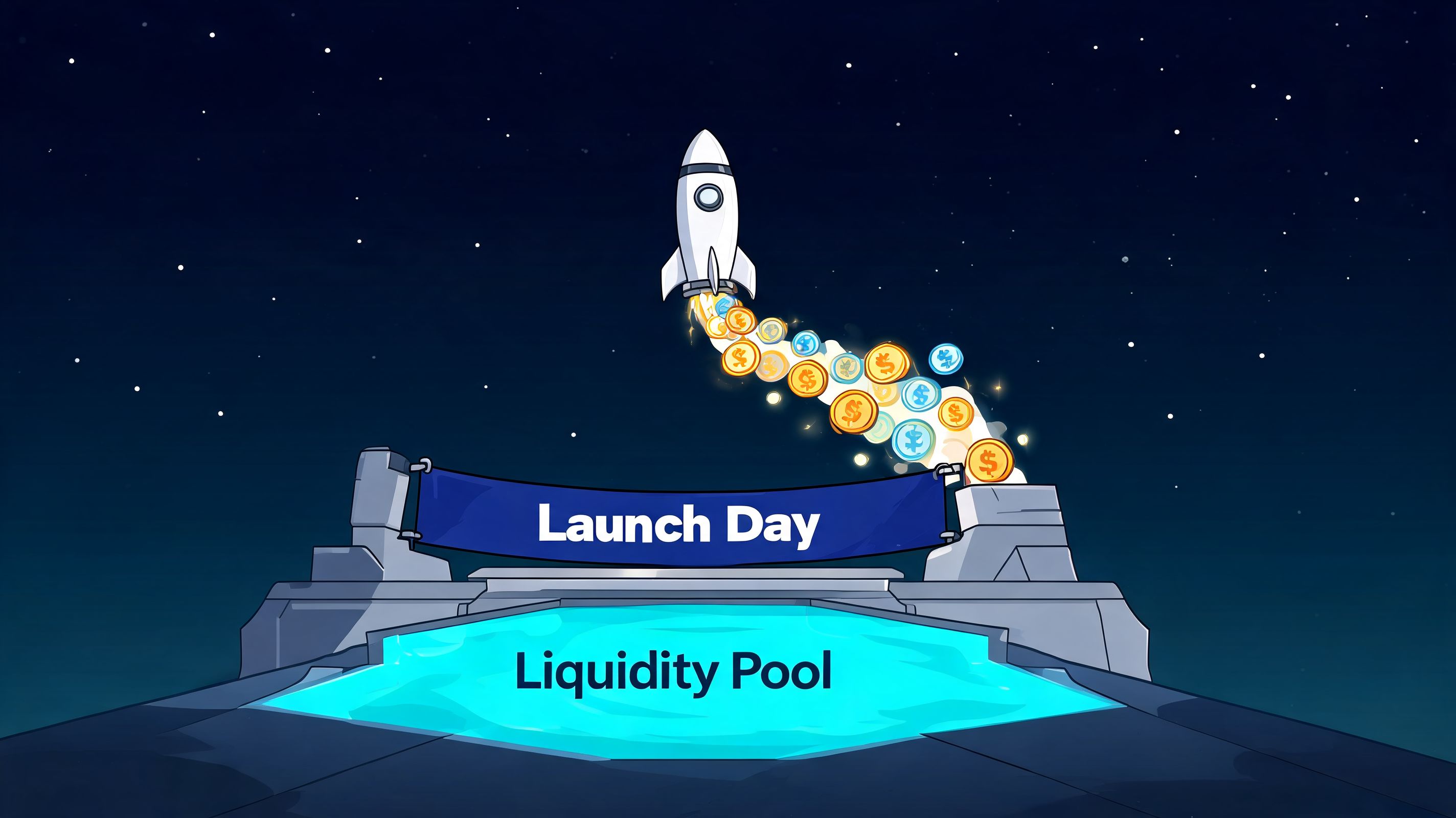 A rocket launching above a blue liquidity pool with a banner that says Launch Day.