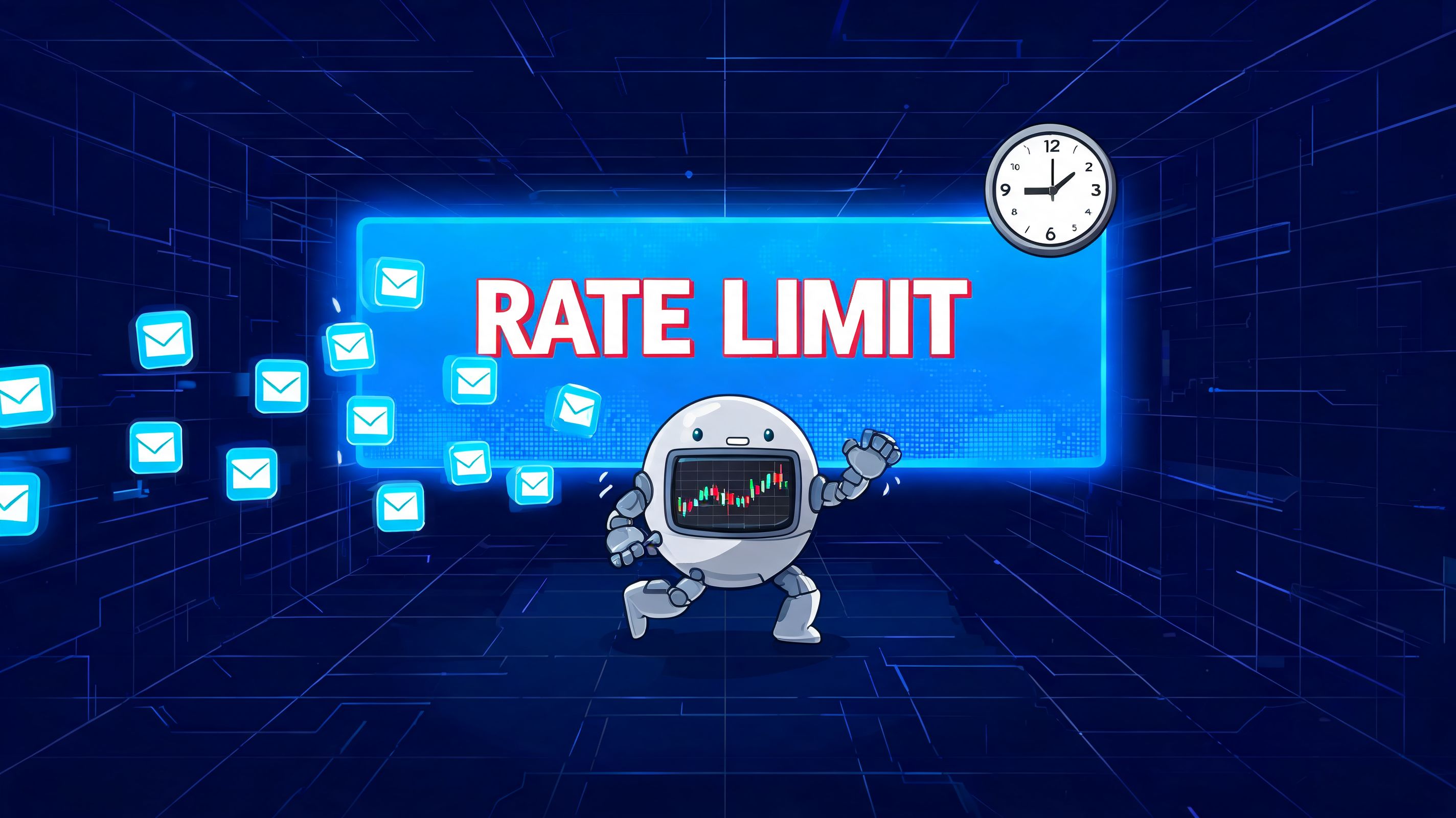 A robot reacting to a rate limit notification icon on a digital background with floating email symbols.