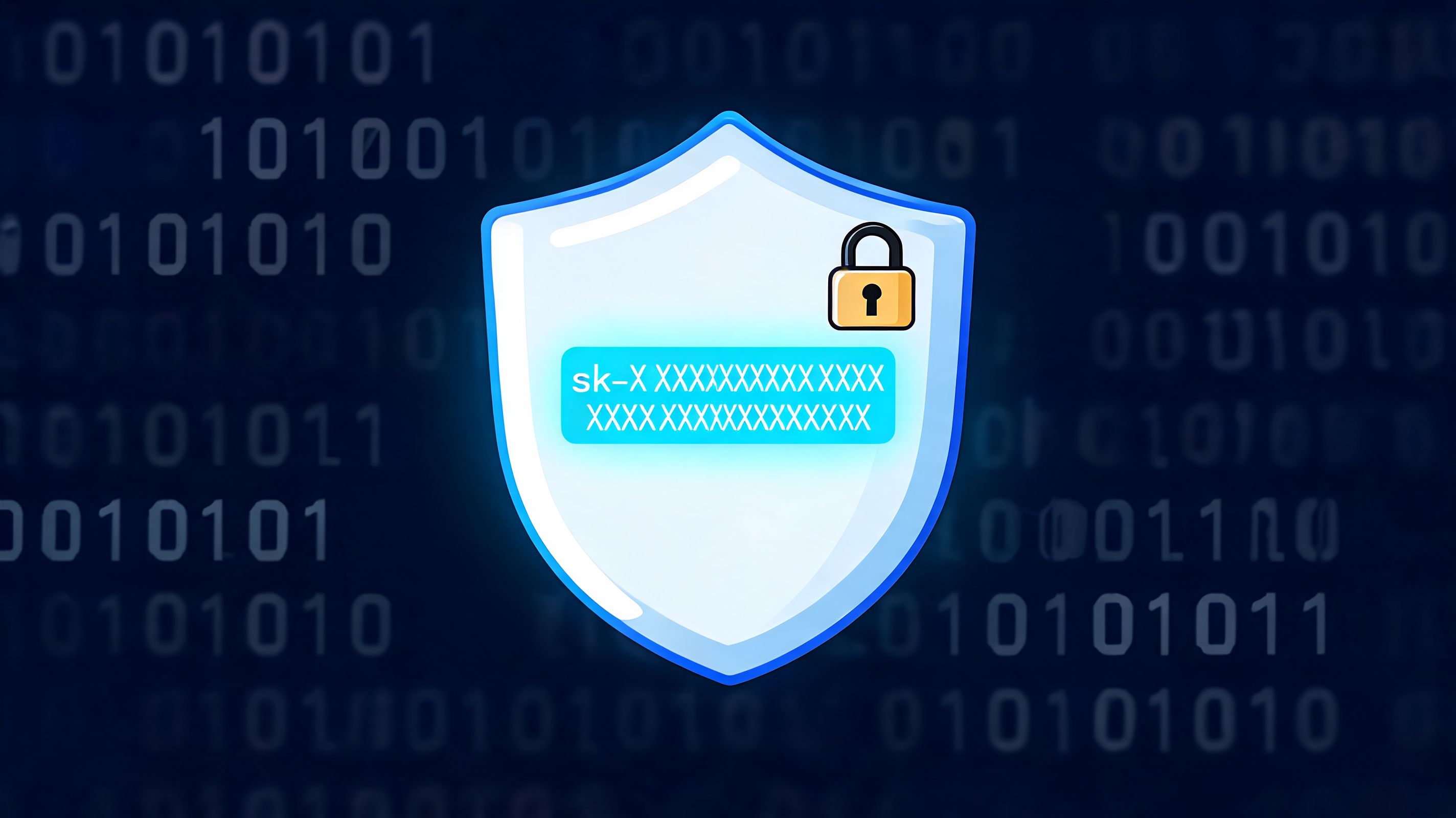 A shield icon with a digital padlock and a placeholder API key on a binary code background.
