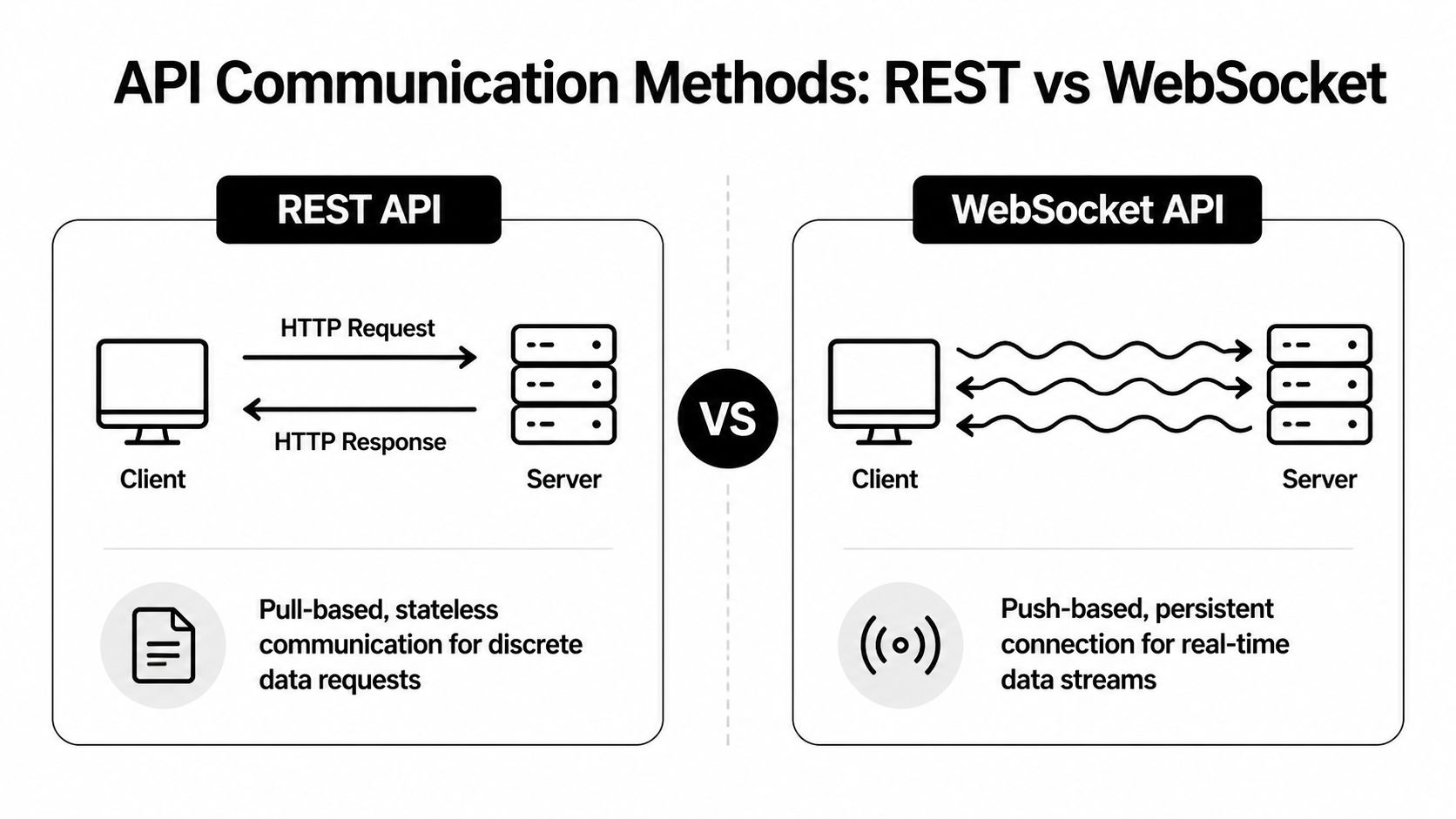 A diagram comparing REST API pull-based request-response and WebSocket API push-based persistent real-time communication methods.