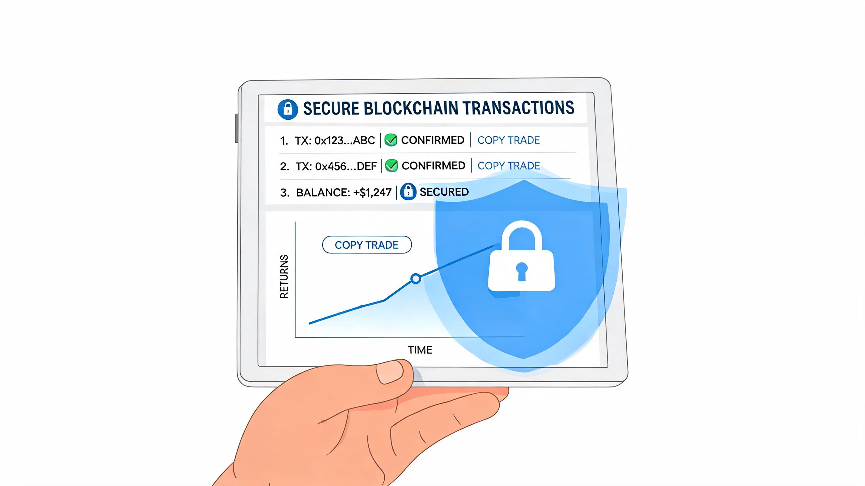 A hand holding a digital tablet displaying secure blockchain transactions and a rising returns growth graph.