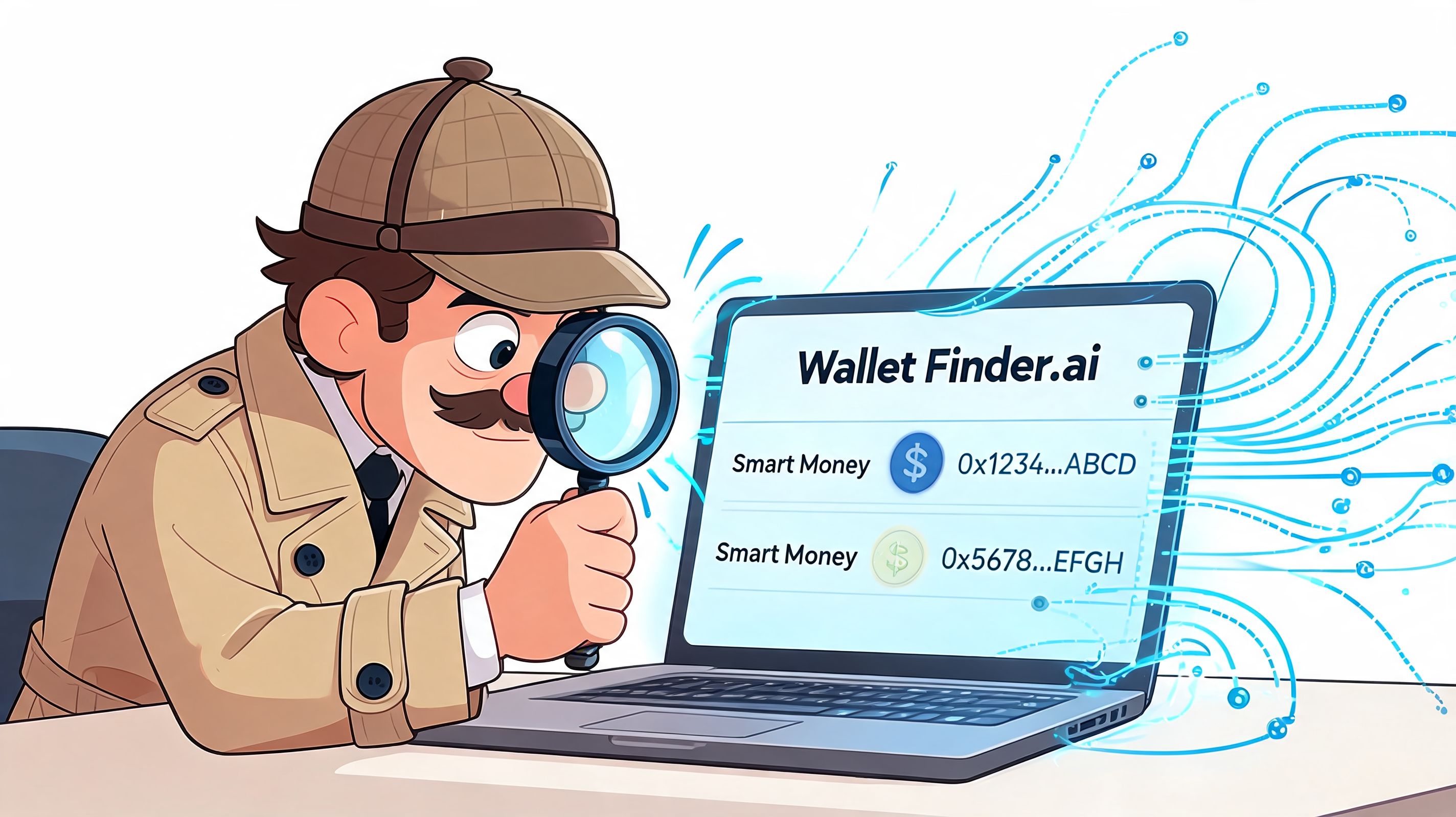A cartoon detective using a magnifying glass to investigate digital wallet addresses on a laptop computer screen.