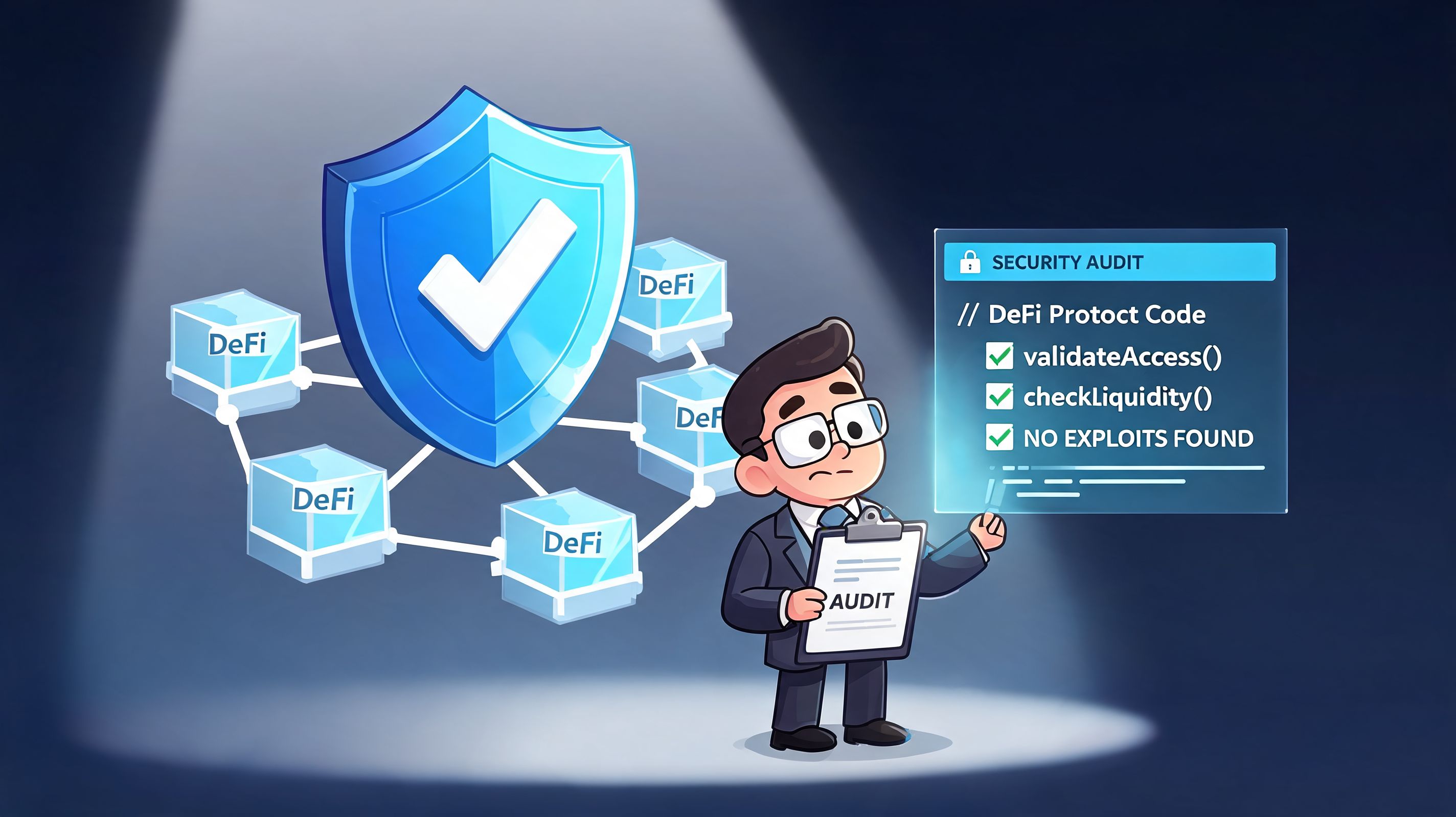 A professional auditor in a suit inspecting secure, audited decentralized finance blockchain protocols under a spotlight.