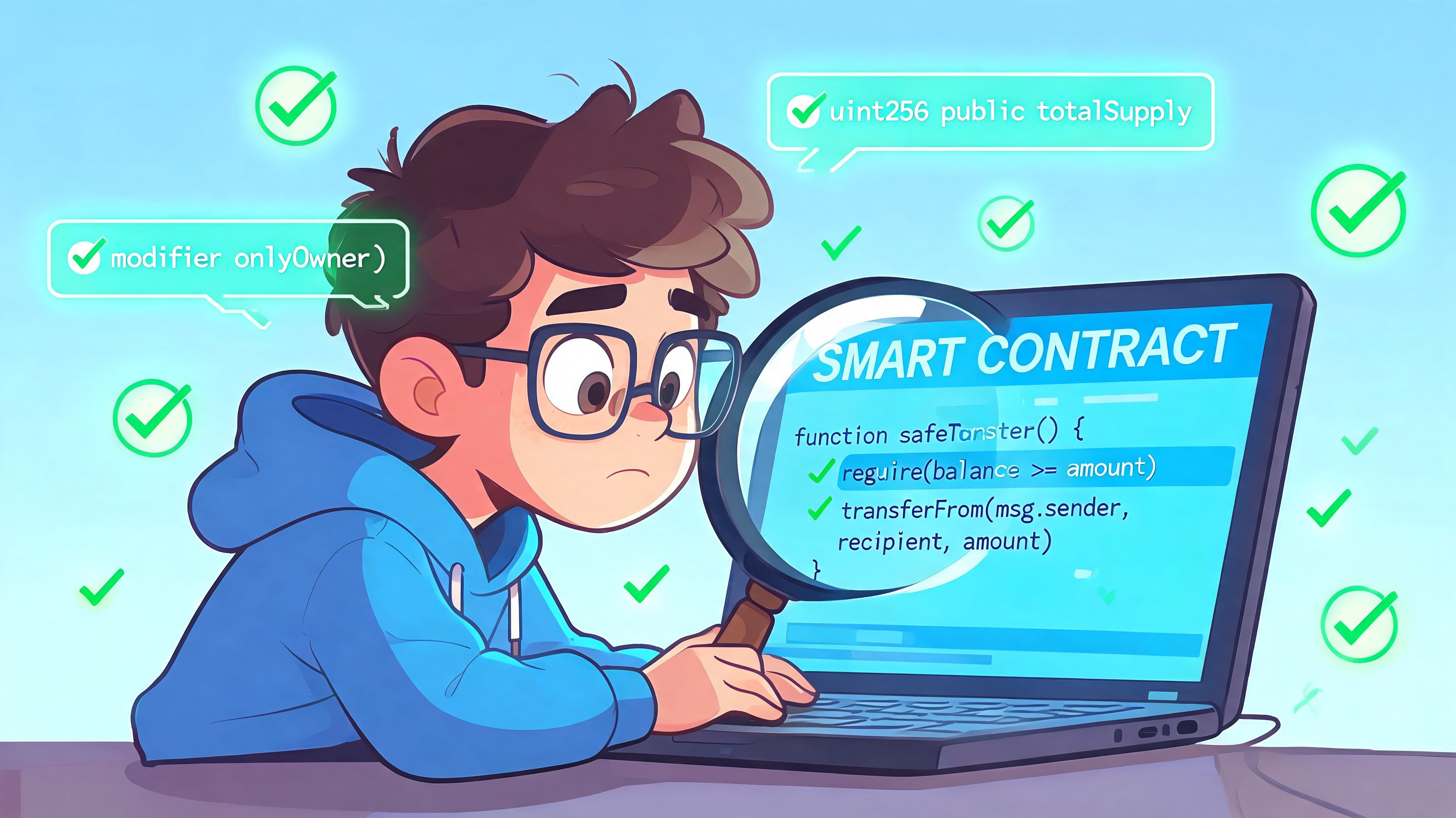 A young cartoon developer in a blue hoodie examines smart contract code on a laptop screen.