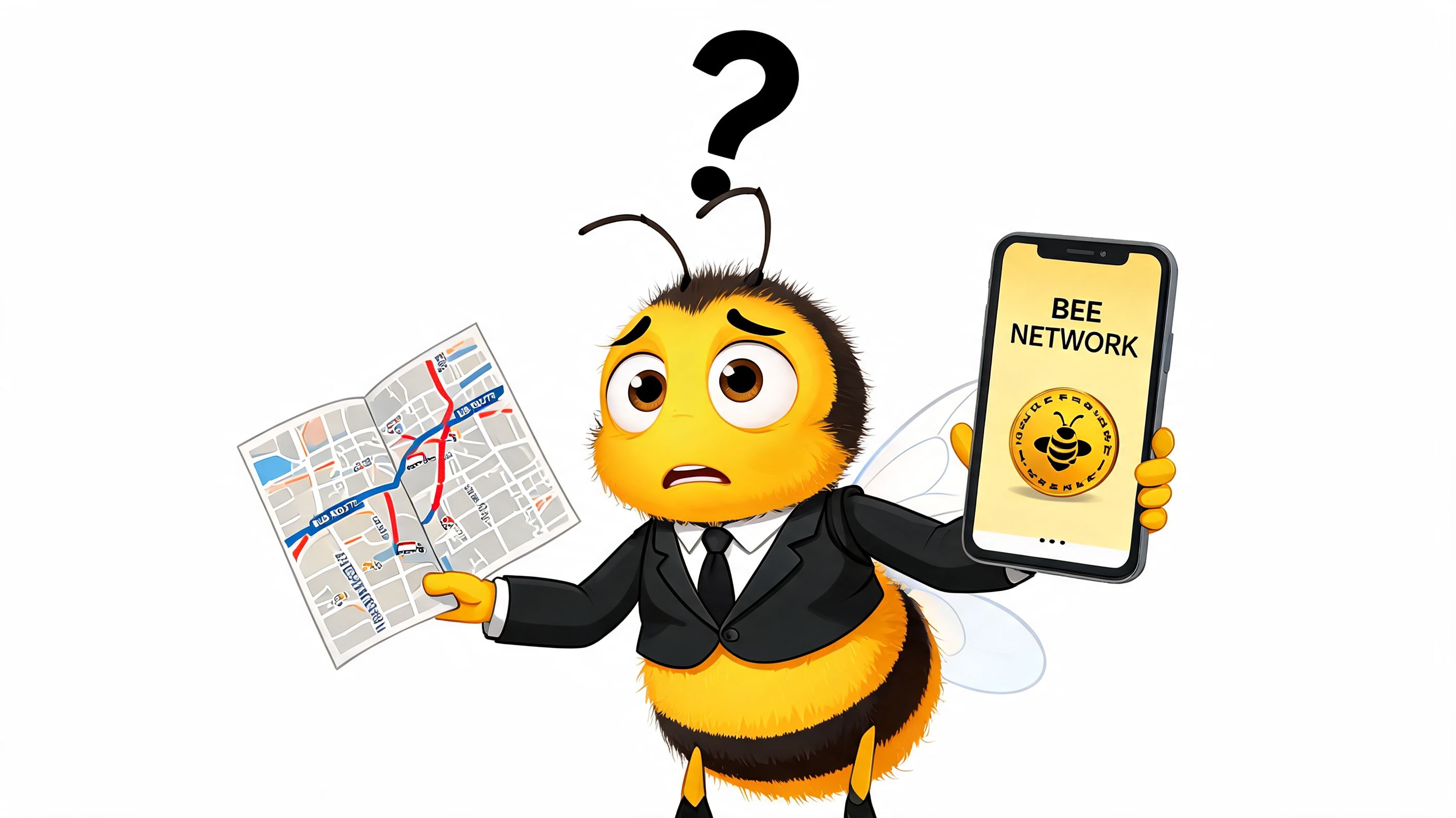 A confused cartoon bee wearing a suit, holding a map in one hand and a phone showing Bee Network.