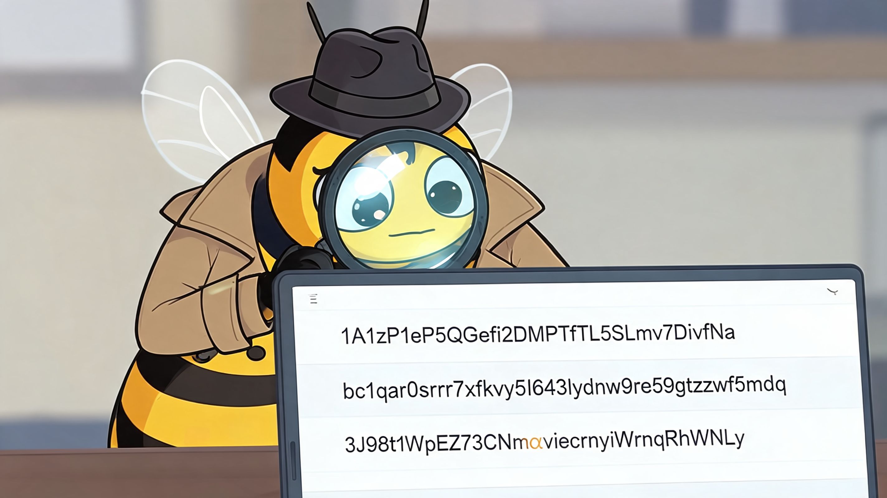 A cartoon bee detective in a trench coat and fedora examines three cryptocurrency wallet addresses on a screen.