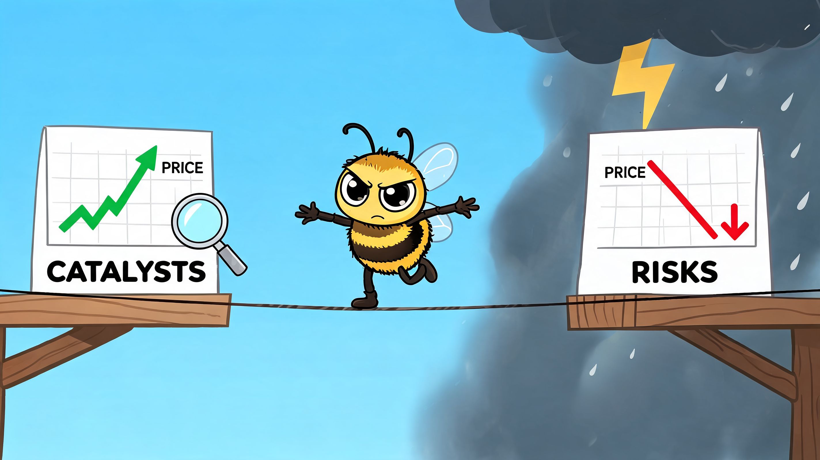 A cartoon bee balancing on a tightrope between catalysts of rising prices and risks of falling prices.