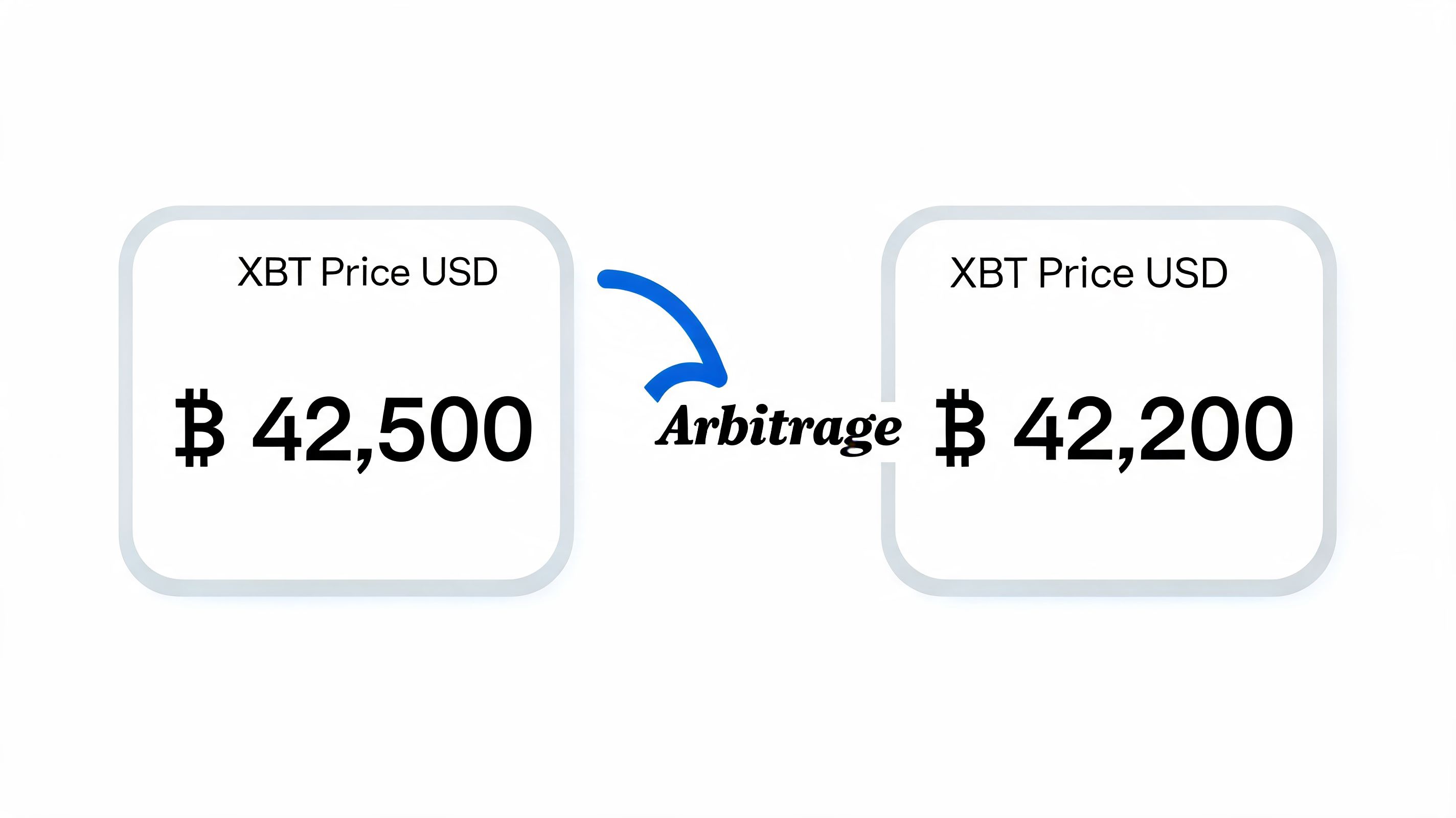 A diagram illustrating a Bitcoin arbitrage opportunity with two XBT price boxes showing 42,500 and 42,200 USD.