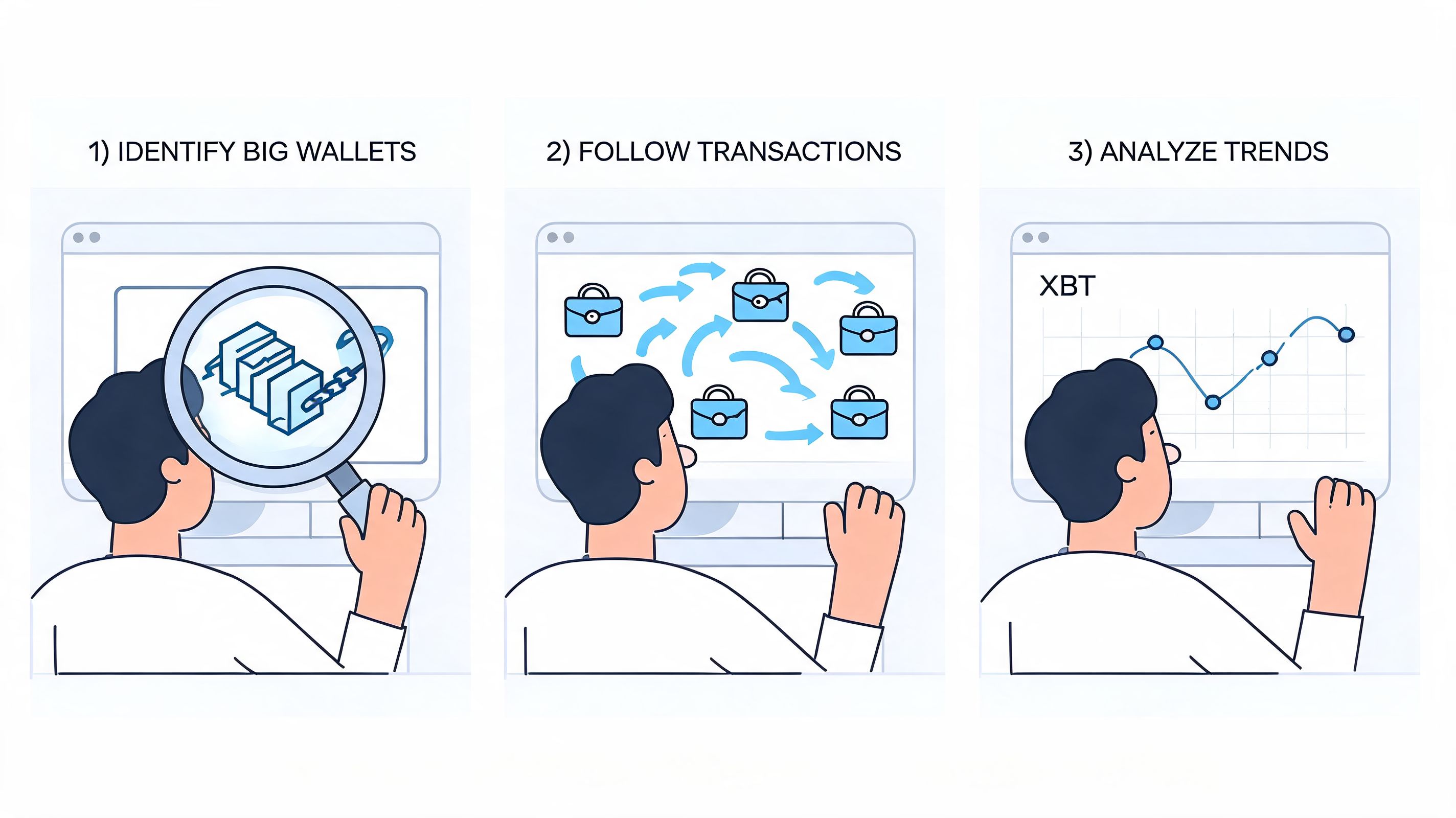 A three-step illustration showing an investor identifying crypto wallets, tracking transactions, and analyzing XBT market trends.
