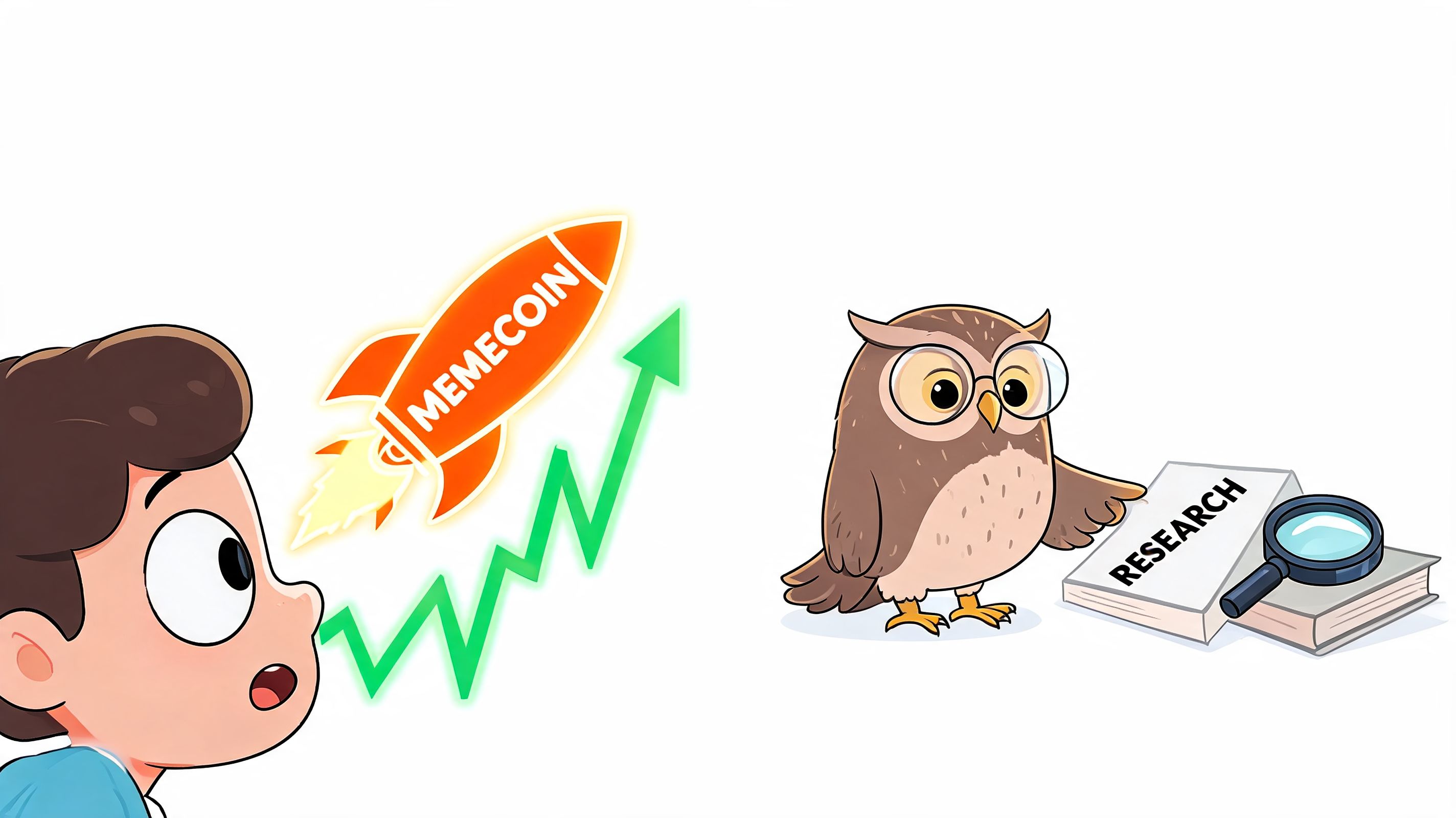 A cartoon illustration showing an excited person watching a memecoin rocket ascend next to a wise owl pointing at research documents.