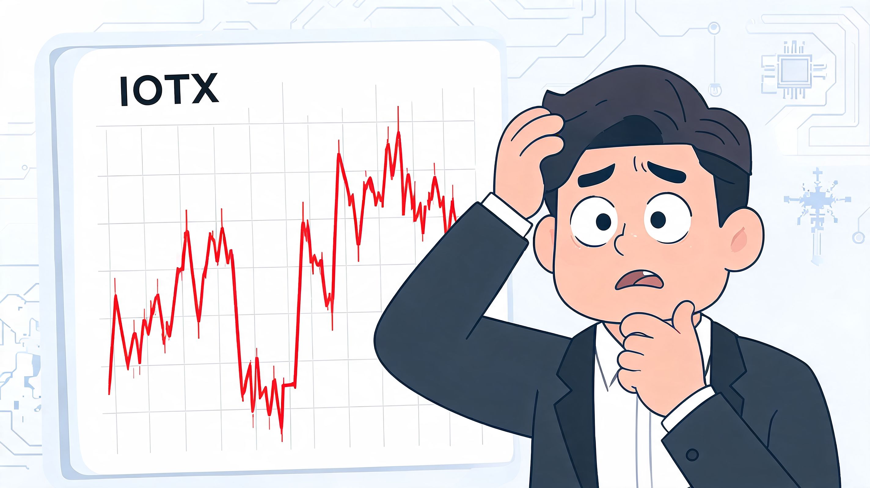 A confused businessman looking at an IOTX price chart with a fluctuating red trend line.
