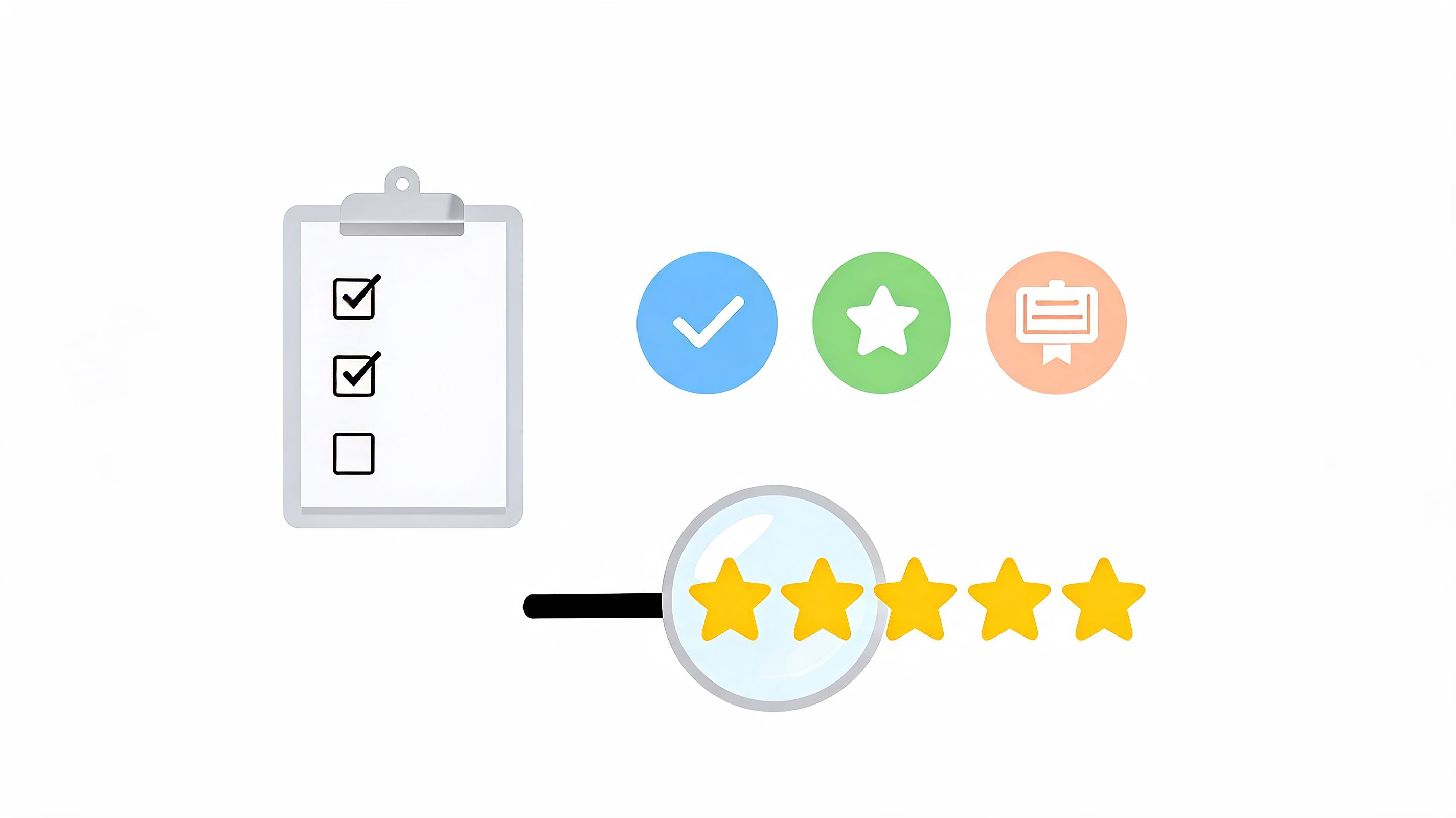An icon representing a clipboard checklist, ranking stars, and quality badges for evaluating professional service standards.