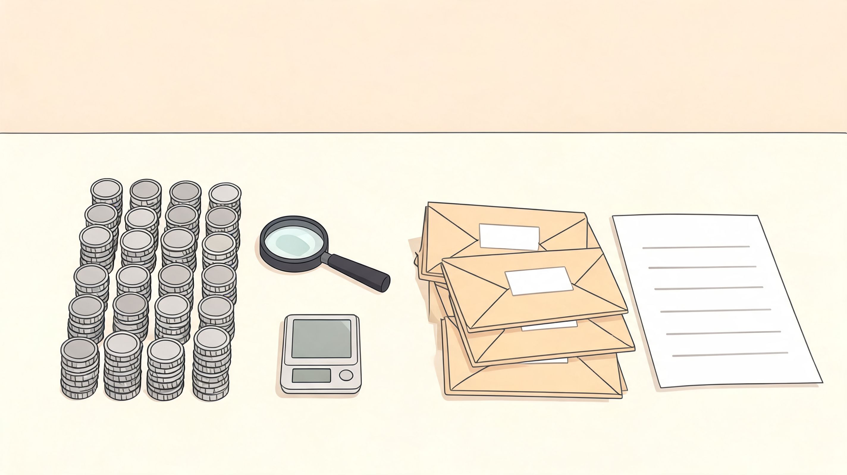 A flat lay of coins, a magnifying glass, a digital scale, envelopes, and paper on a table.