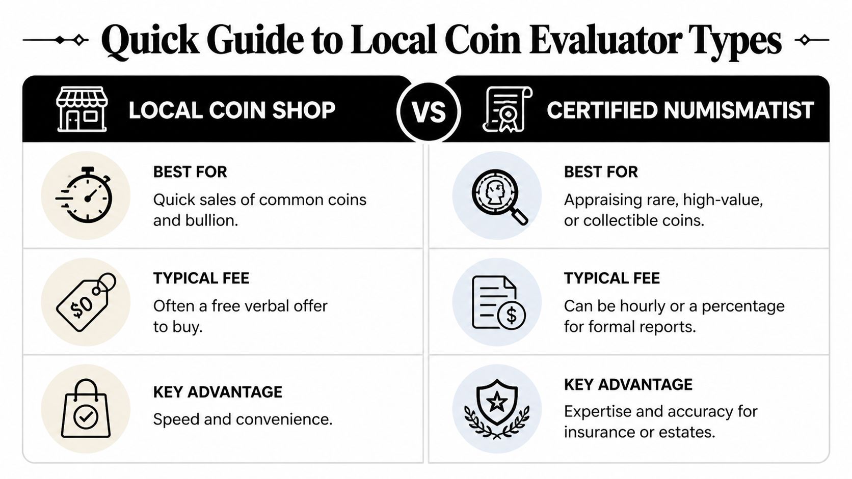 A comparison guide between a local coin shop and a certified numismatist for evaluating coin values.