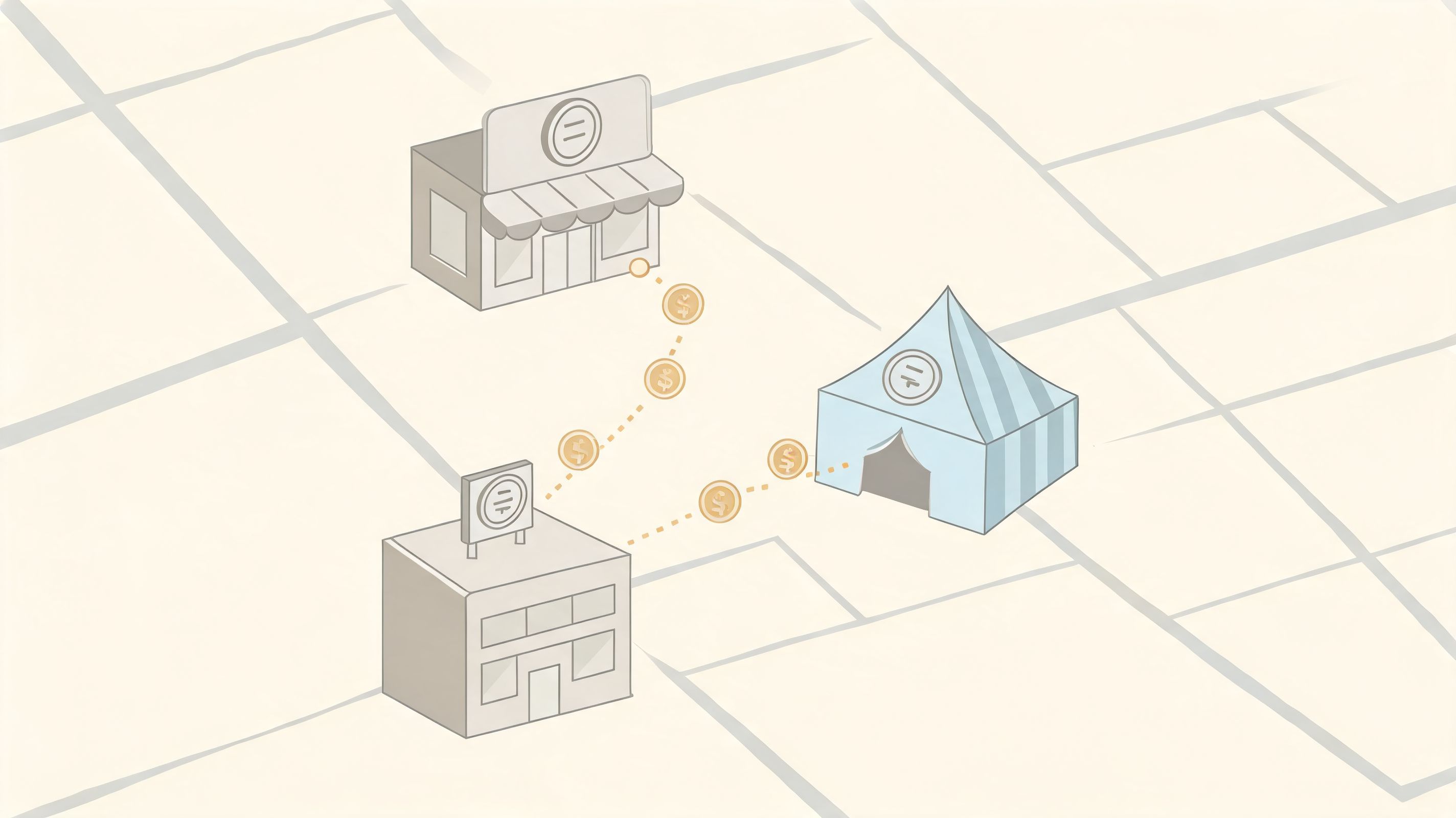 A diagram showing coins moving from two different businesses towards a central tent location.