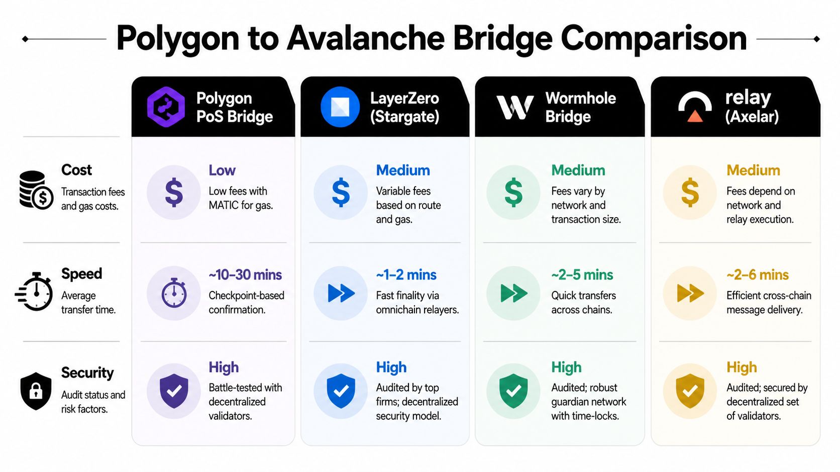 A comparison table detailing the cost, speed, and security of four different cross-chain bridges for Polygon and Avalanche.