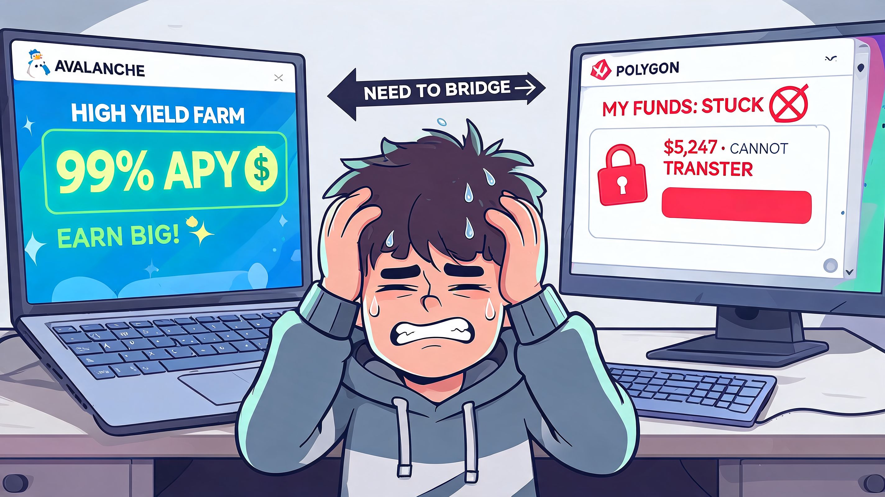 A stressed person sitting between two computer monitors experiencing difficulty moving funds between blockchain networks.