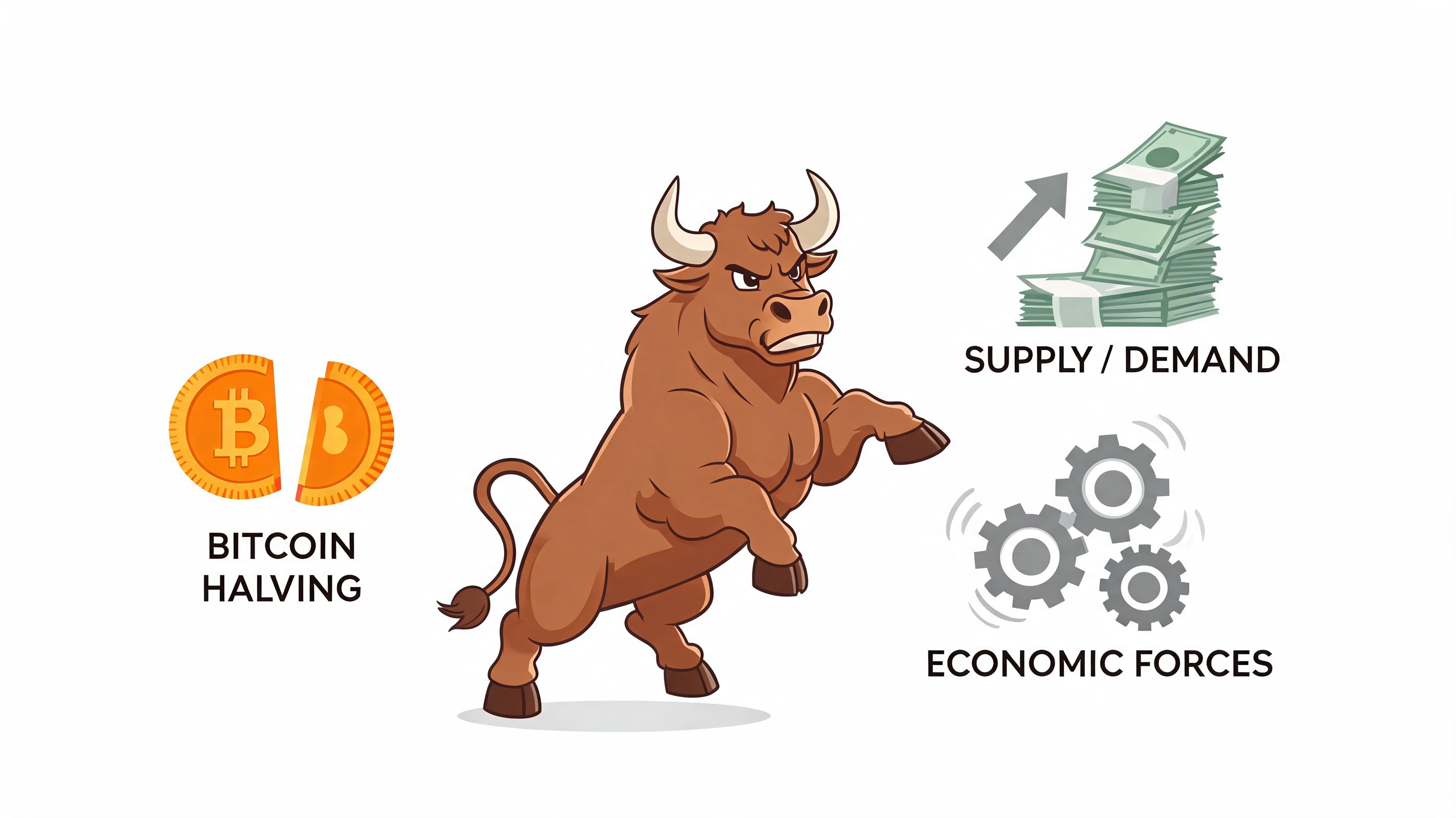 A central bull illustration surrounded by icons representing bitcoin halving, supply and demand, and economic forces.
