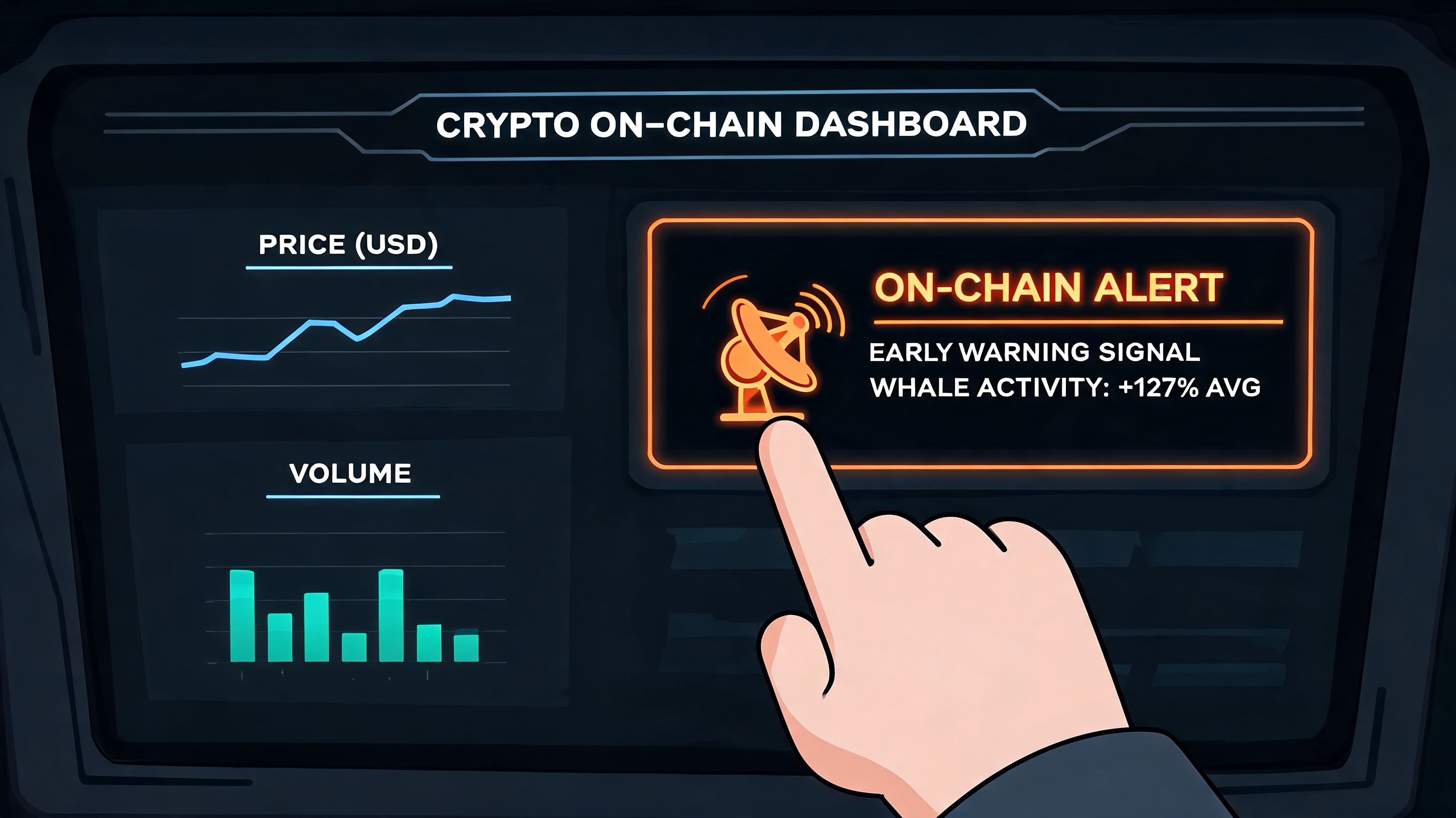 A digital interface showing a crypto on-chain dashboard with price, volume charts, and a whale activity alert.