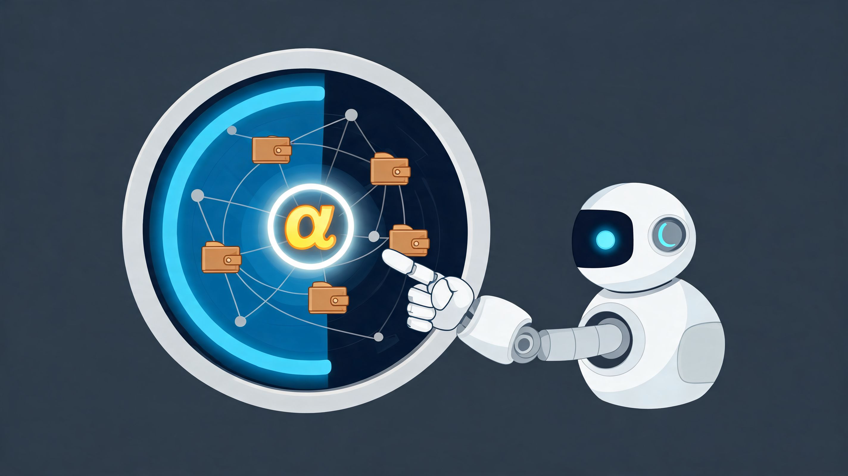A friendly white robot pointing at a digital interface featuring a central alpha symbol and cryptocurrency wallets.