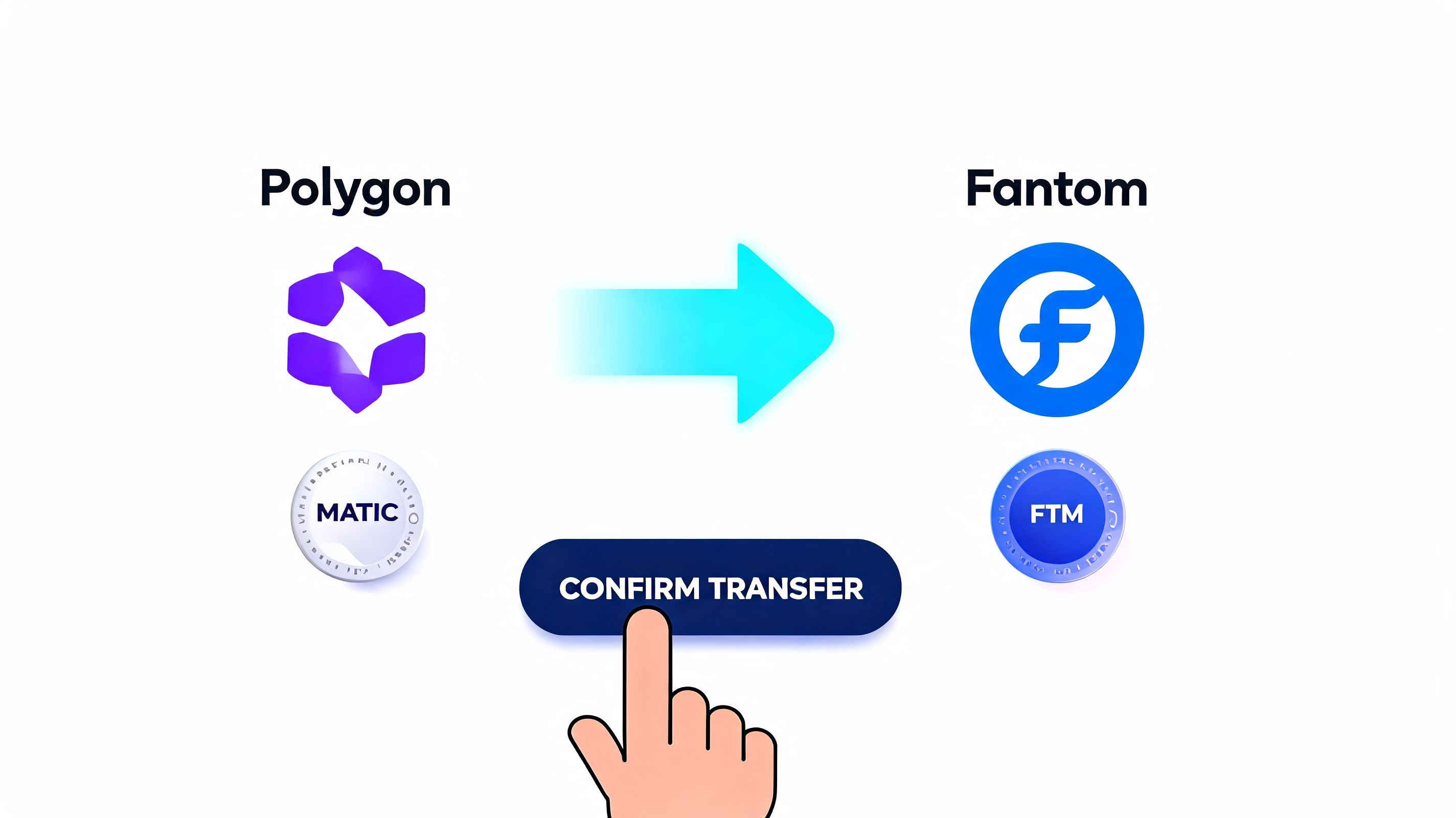A digital interface showing a token transfer from the Polygon network to the Fantom network with a button.