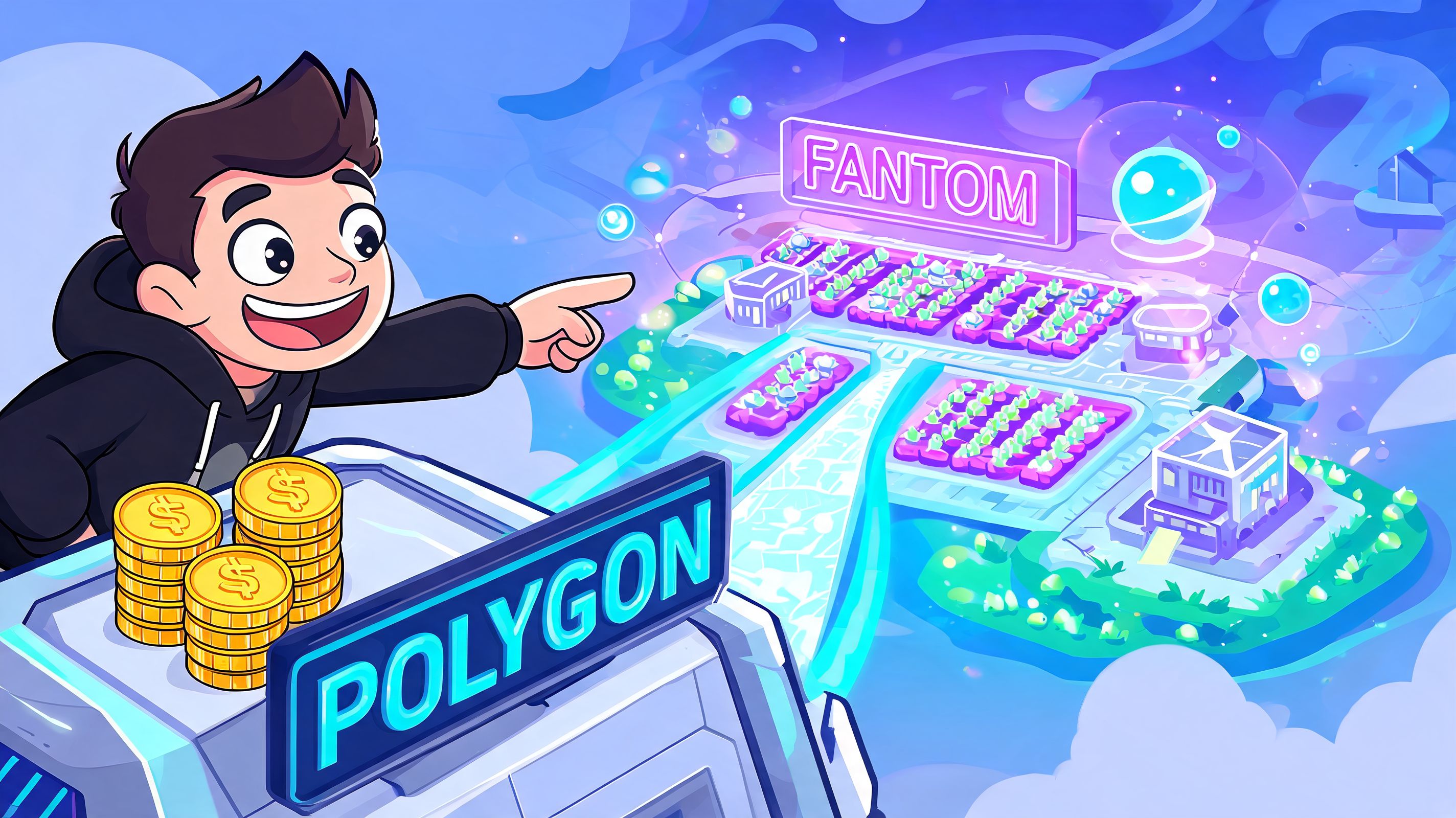 A cartoon character points excitedly toward a glowing digital map representing a crypto bridge between Polygon and Fantom.