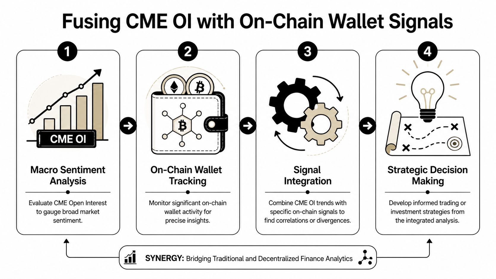 A four-step infographic showing how to combine CME open interest data with on-chain wallet tracking signals.