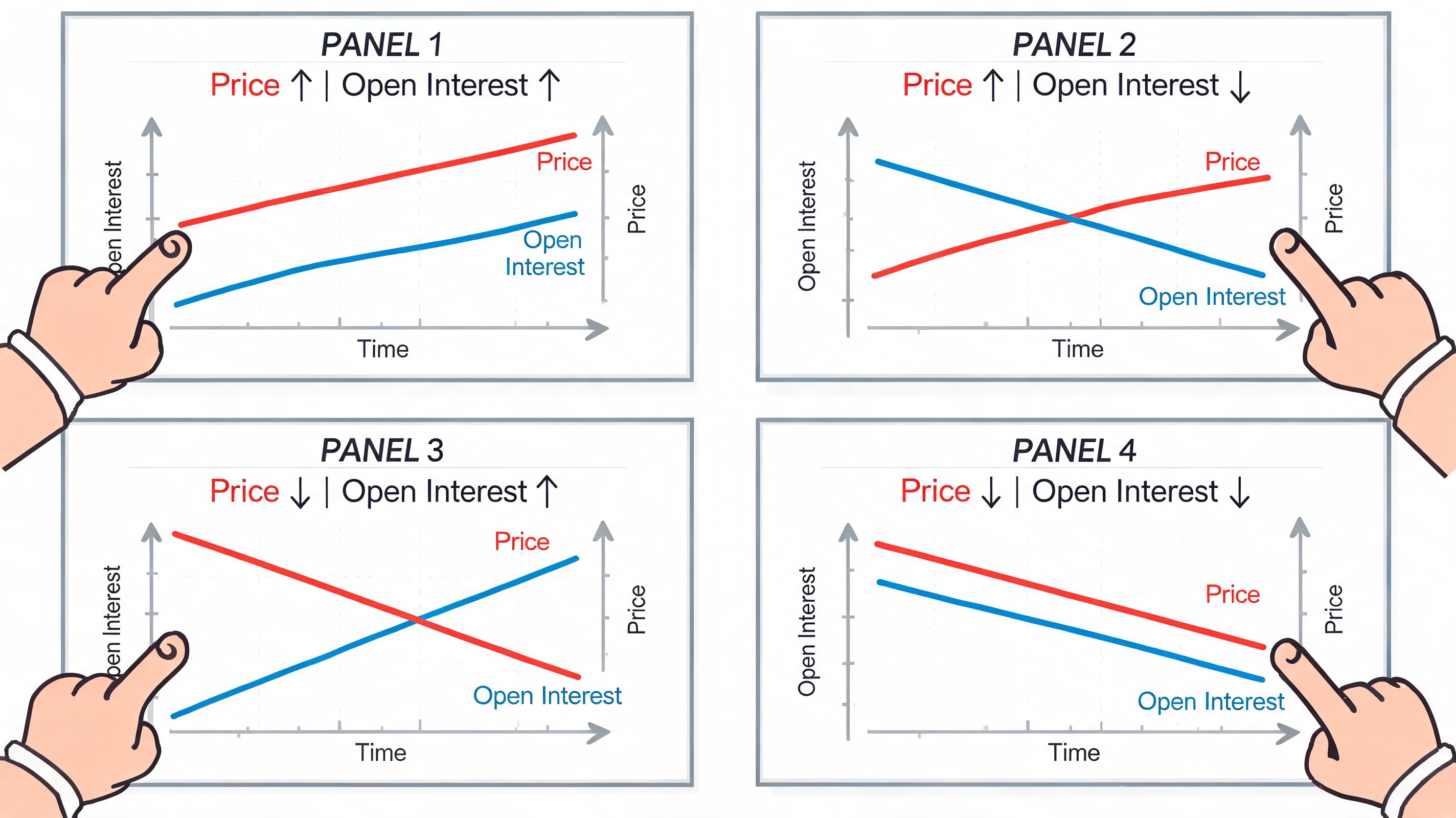 A four-panel infographic showing the relationship between price and open interest movements in financial markets.