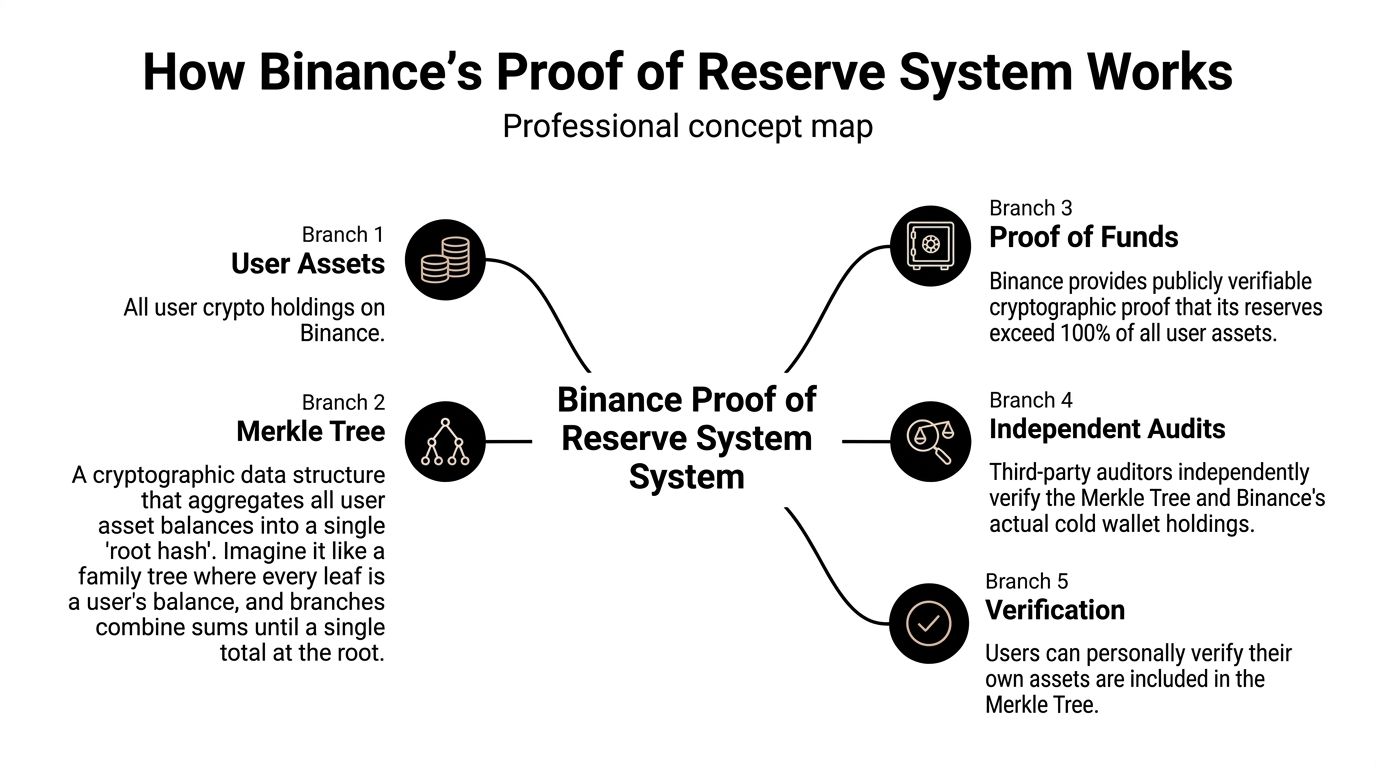 A professional concept map illustrating the five core components of Binance's Proof of Reserve system.