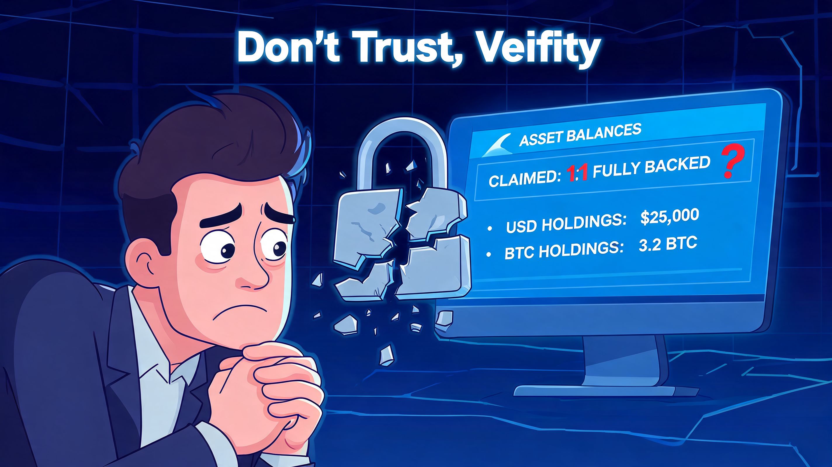 A concerned businessman looking at a broken padlock icon and a screen displaying crypto asset balances.