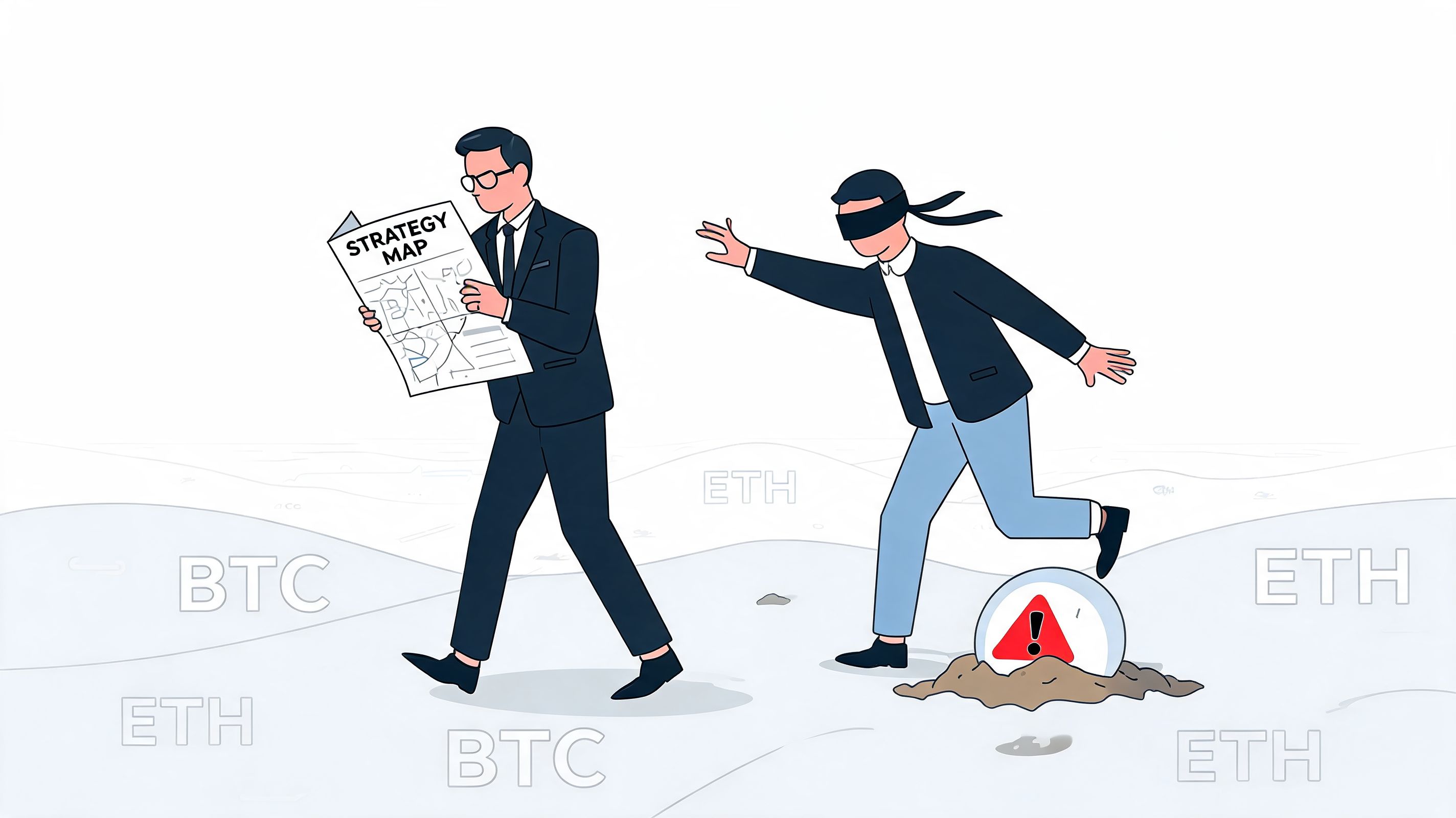A blindfolded businessman walking towards a danger sign while a professional colleague reads a strategy map.