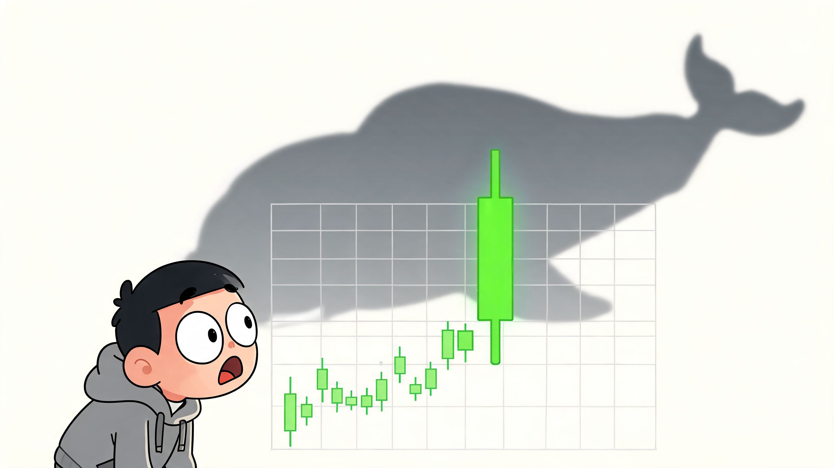 A cartoon boy looking surprised at a stock market chart with a whale shadow in the background.