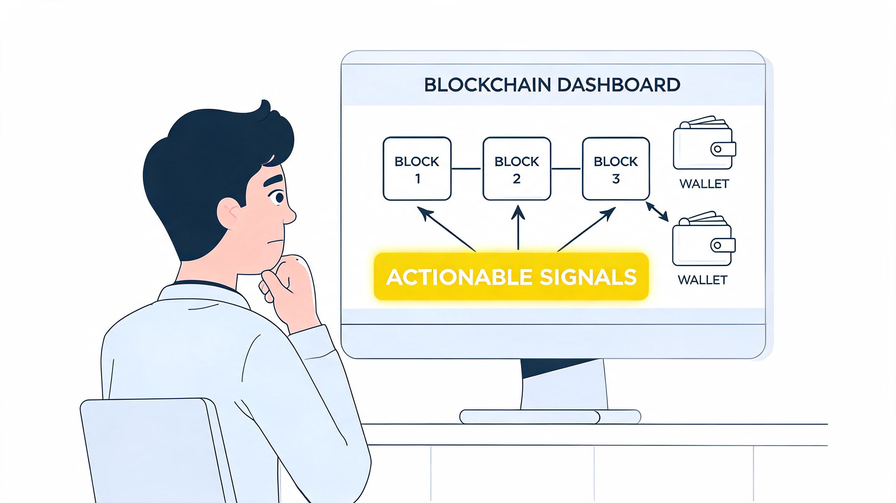 A person looking at a computer screen showing a blockchain dashboard with blocks, wallets, and actionable signals.