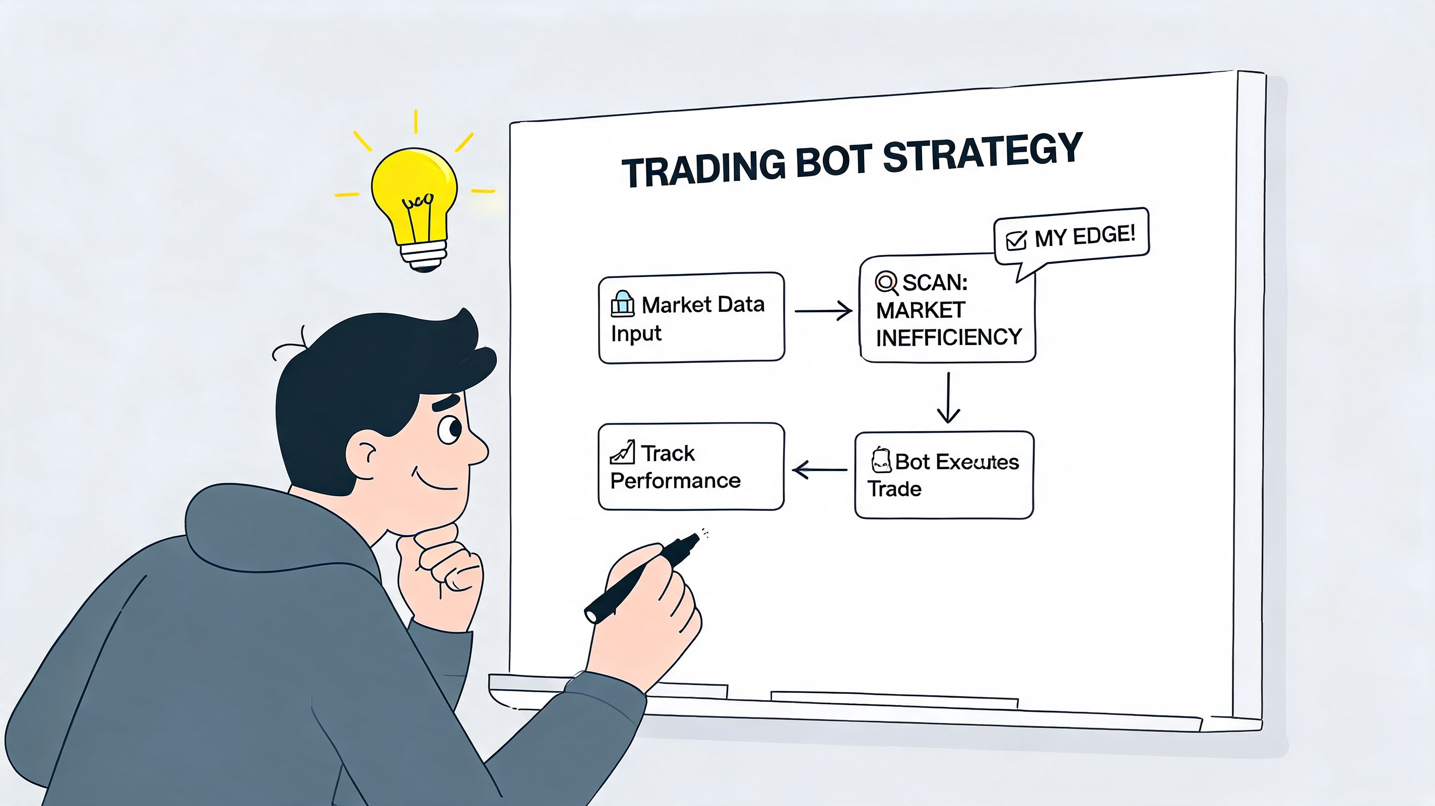 A person writing a trading bot strategy on a whiteboard with an idea lightbulb glowing above.