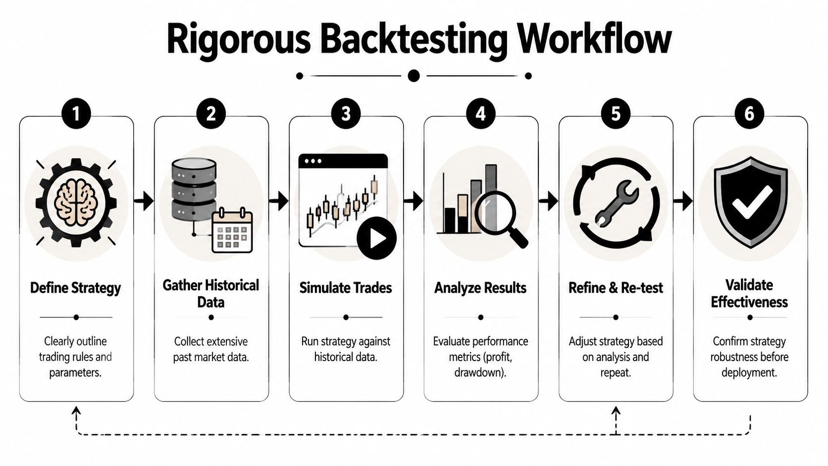 A six-step diagram illustrating a rigorous workflow for backtesting a professional financial trading strategy.