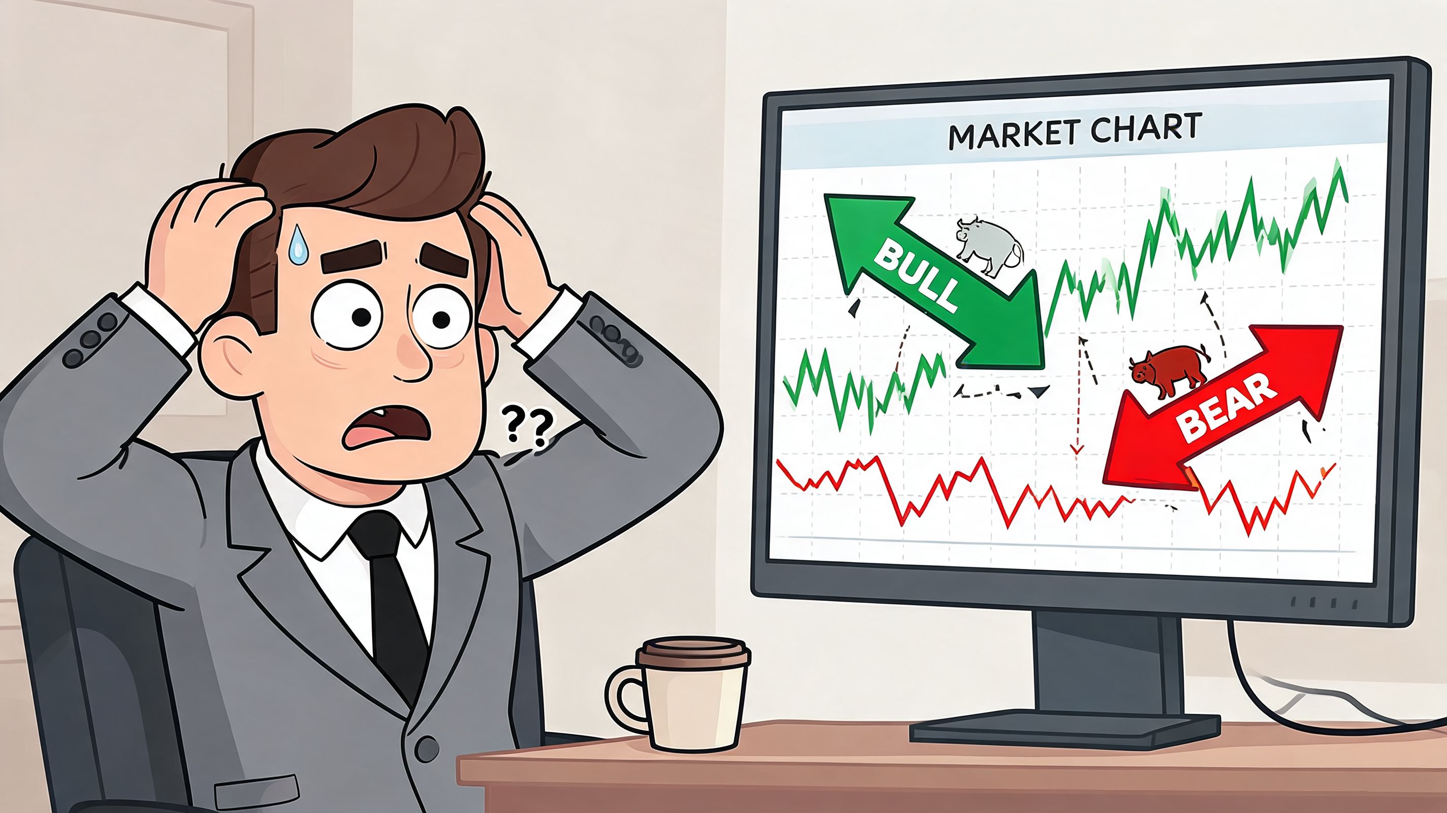 A worried businessman looking at a confusing stock market chart displaying bull and bear market trends.