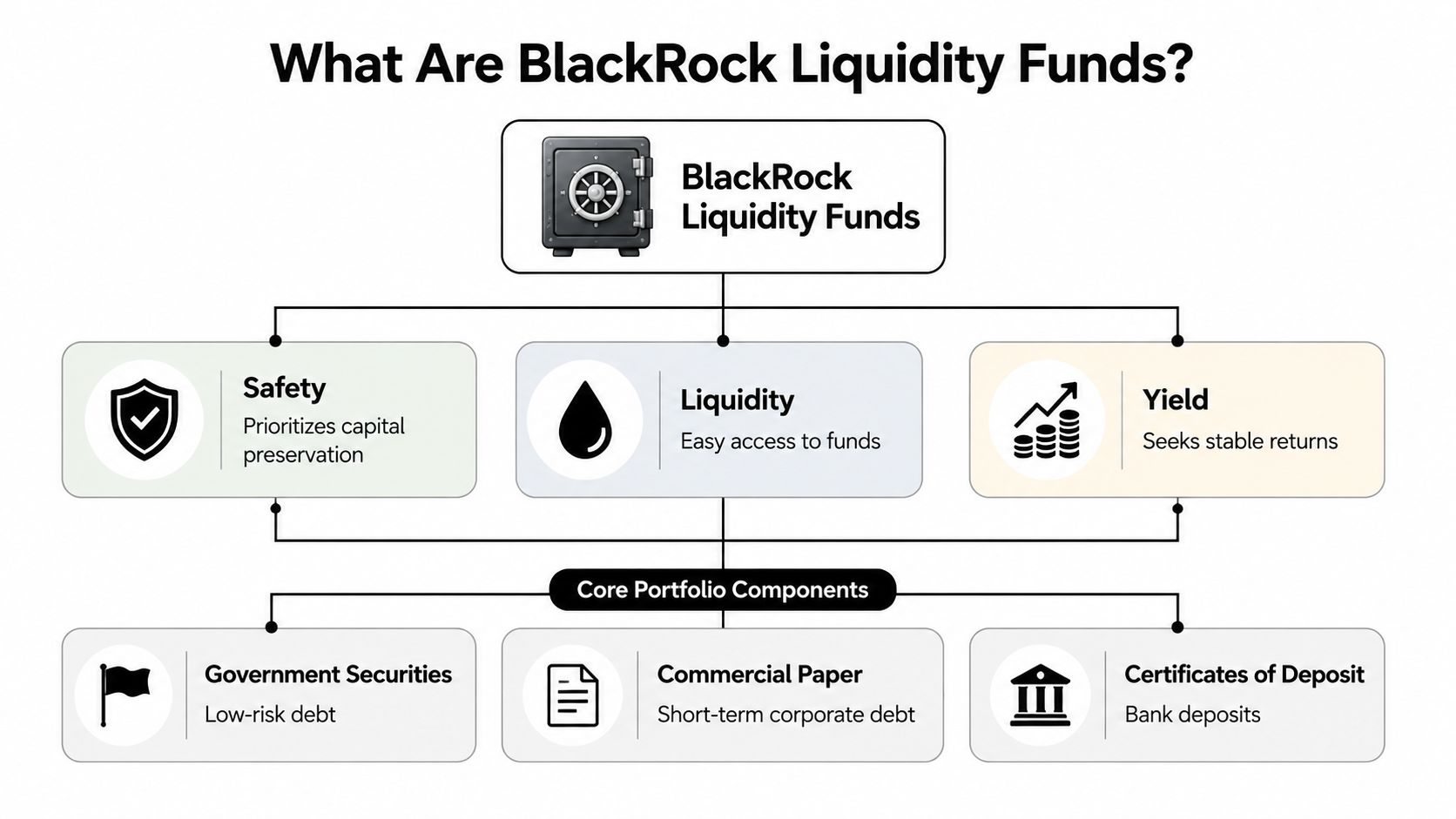A diagram explaining BlackRock Liquidity Funds through their core pillars of safety, liquidity, and yield.