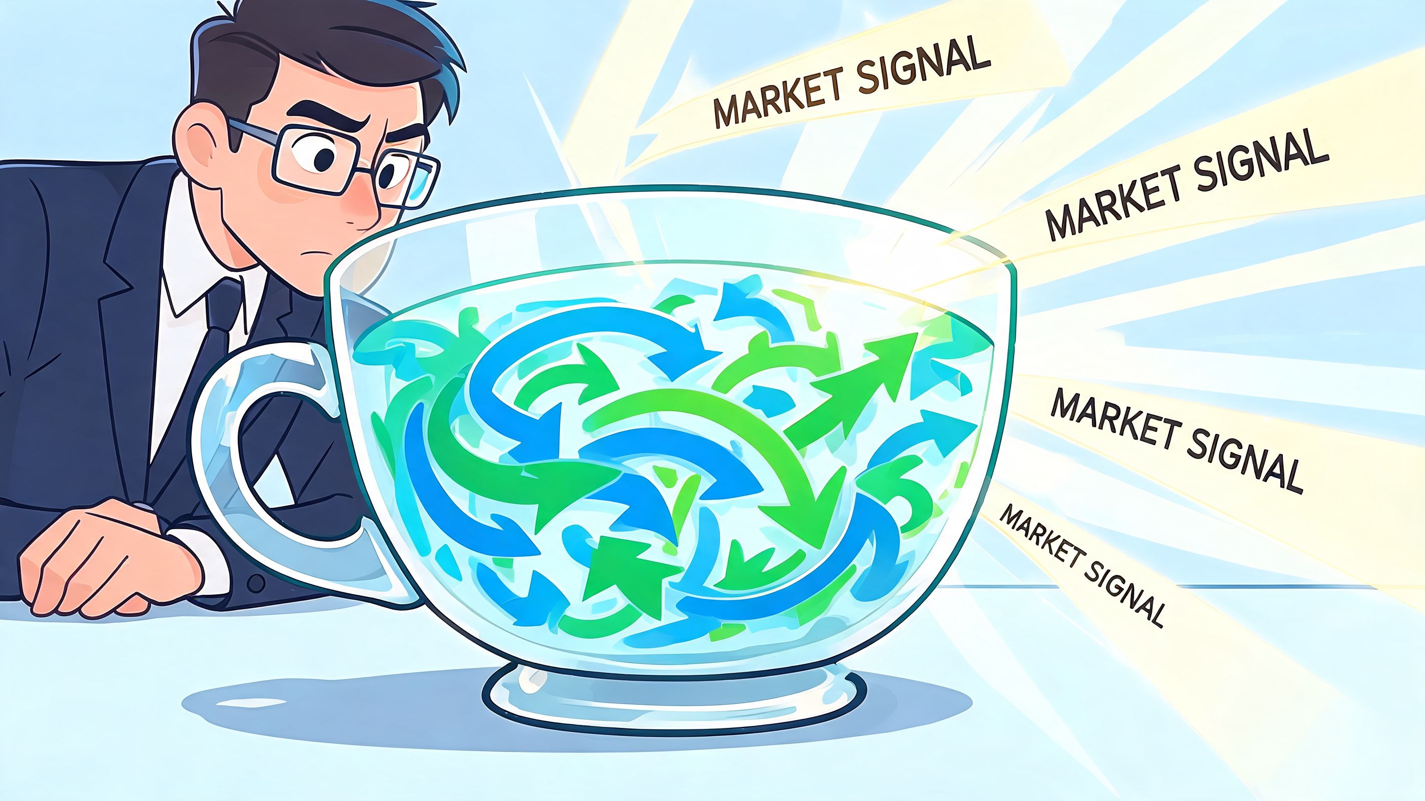A businessman observing a teacup filled with swirling arrows symbolizing complex financial market signals and data.