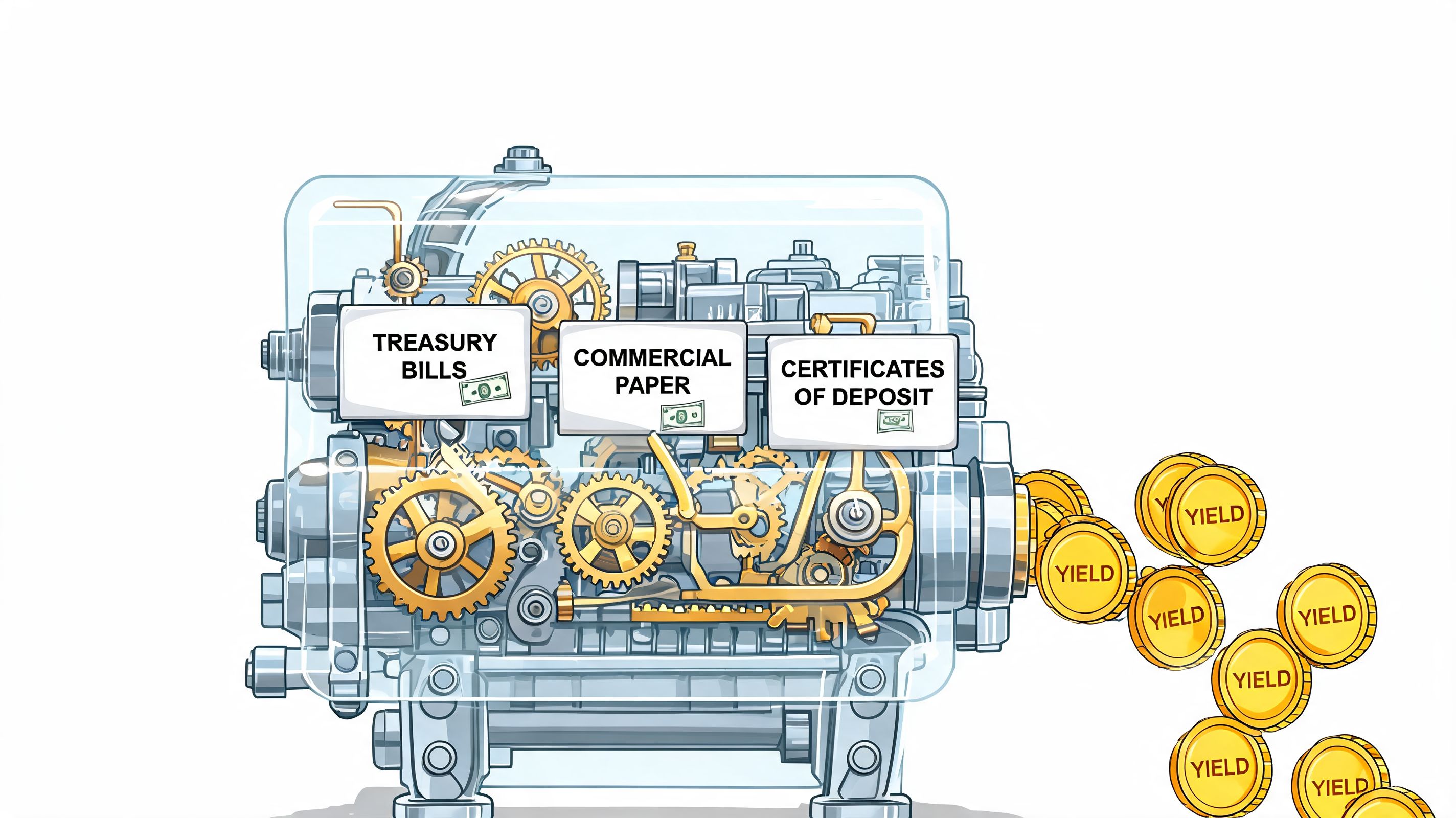 A conceptual illustration of a financial engine powered by treasury bills, commercial paper, and certificates of deposit.