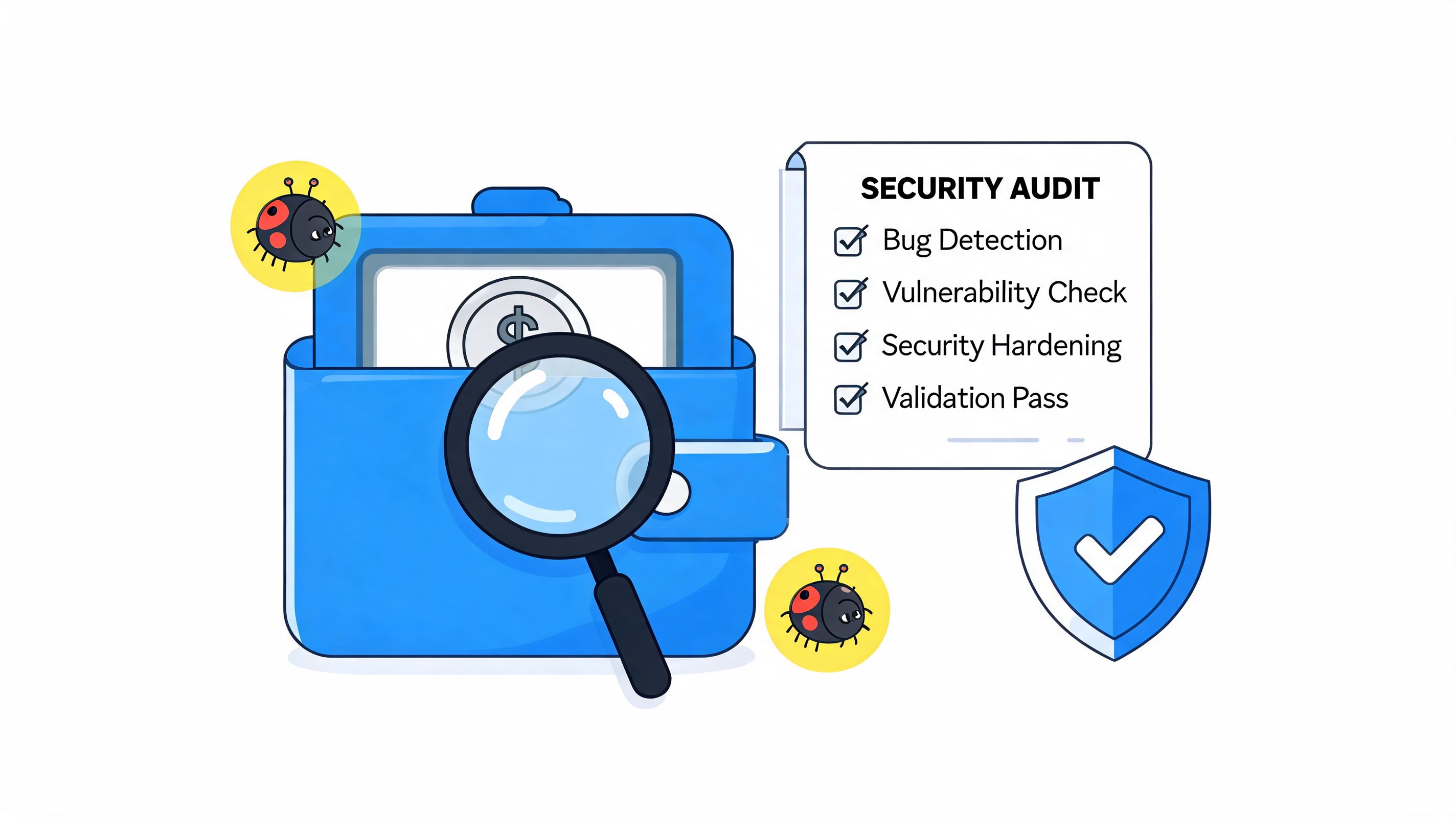 A digital wallet being inspected by a magnifying glass alongside a security audit checklist and shield.
