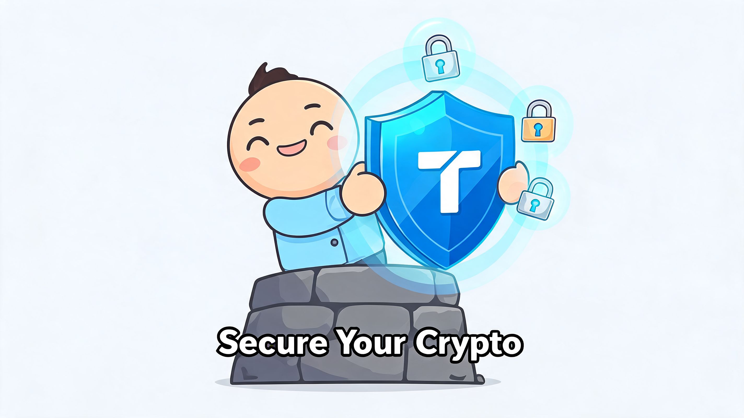 A cartoon character holding a shield with the Trust Wallet logo surrounded by digital security padlocks.