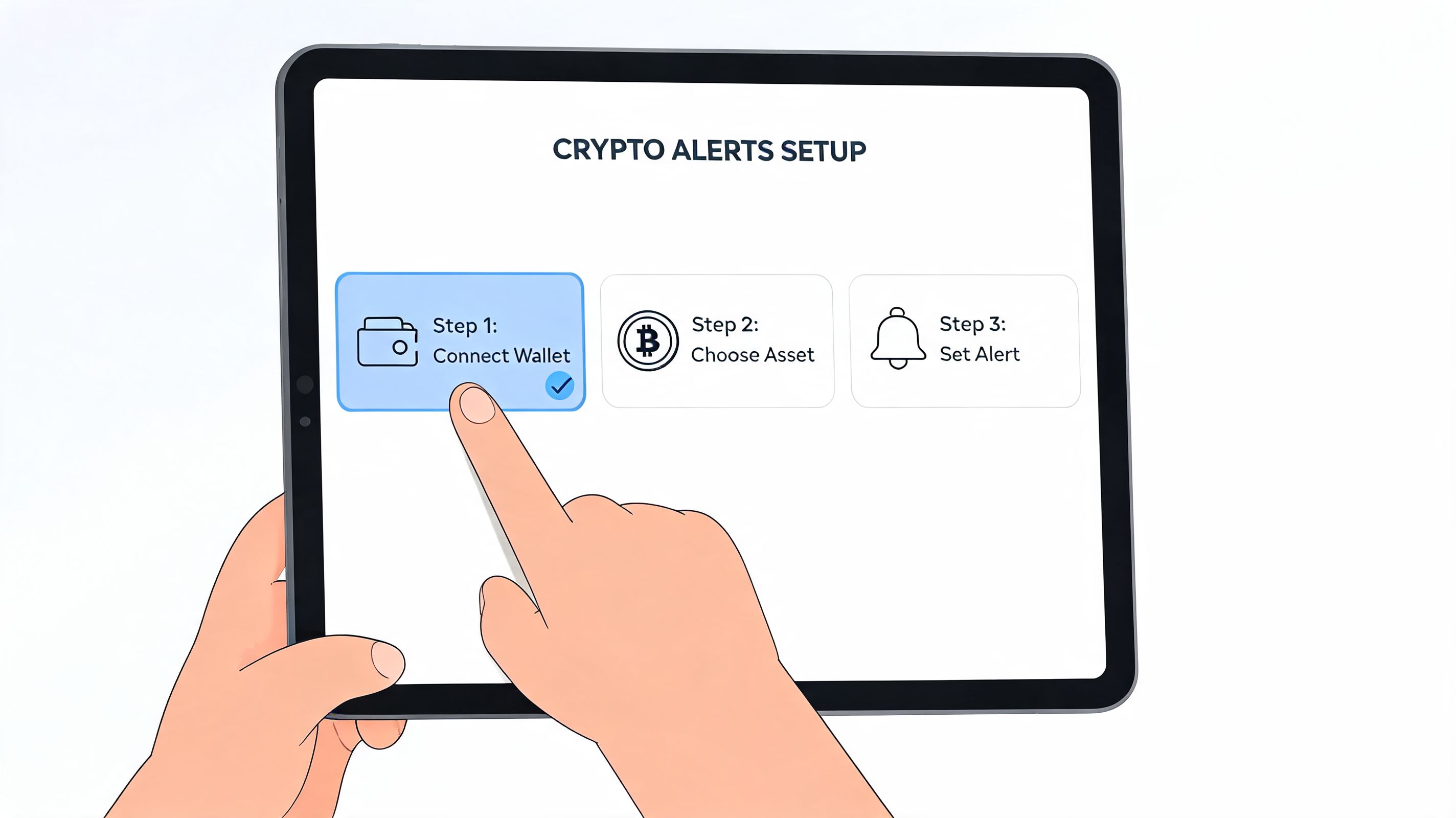 A hand interacting with a tablet screen displaying a three-step crypto alert setup guide interface.