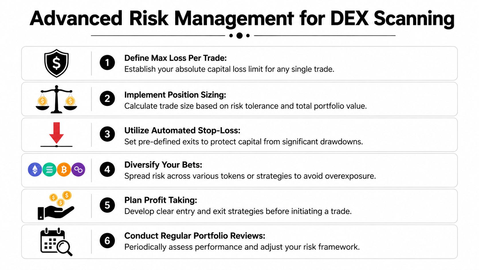 A list of six risk management strategies for trading tokens on decentralized exchanges, displayed as an infographic.