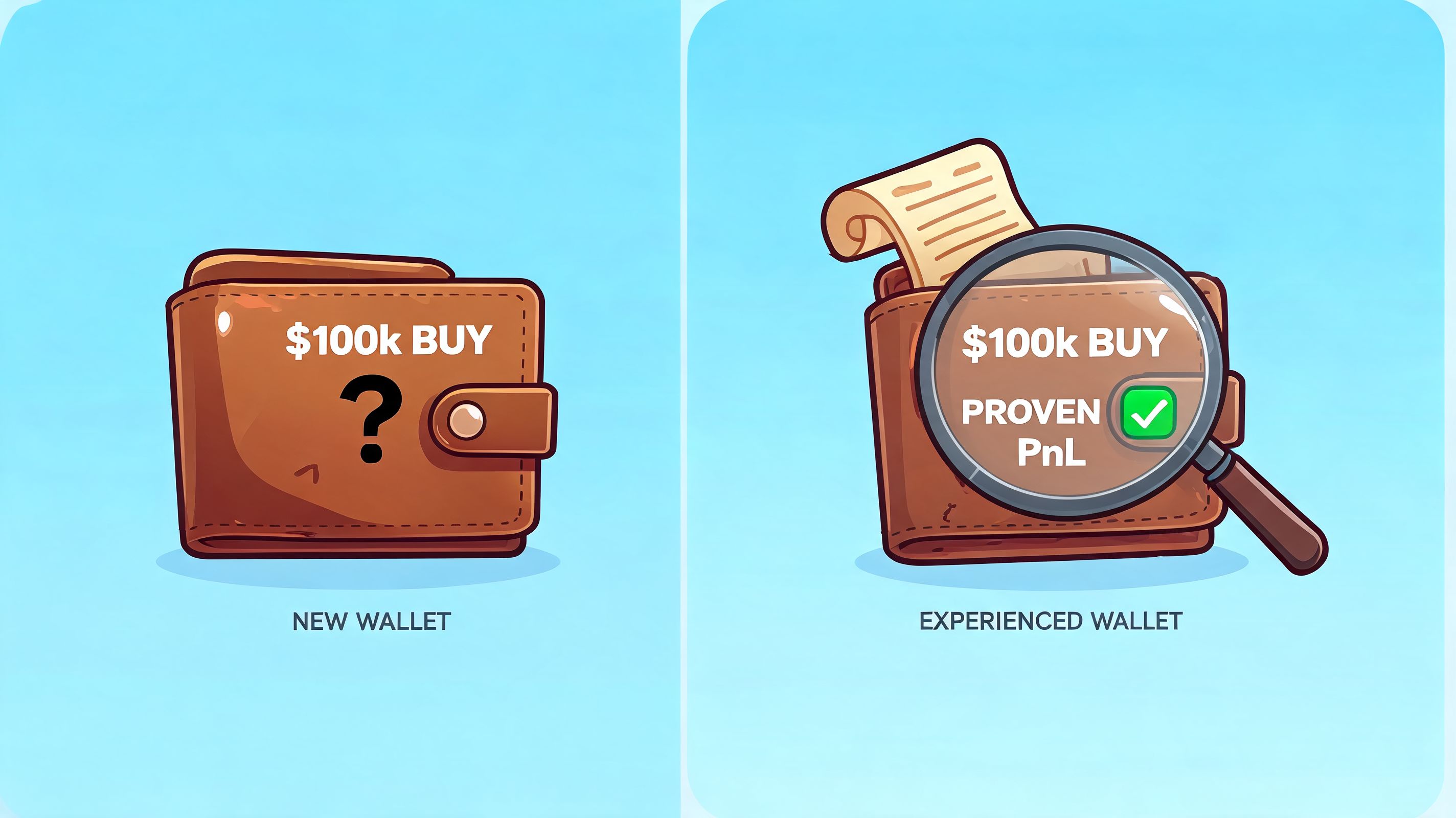 Comparison of a mysterious new wallet versus an experienced wallet with proven profit and loss history.